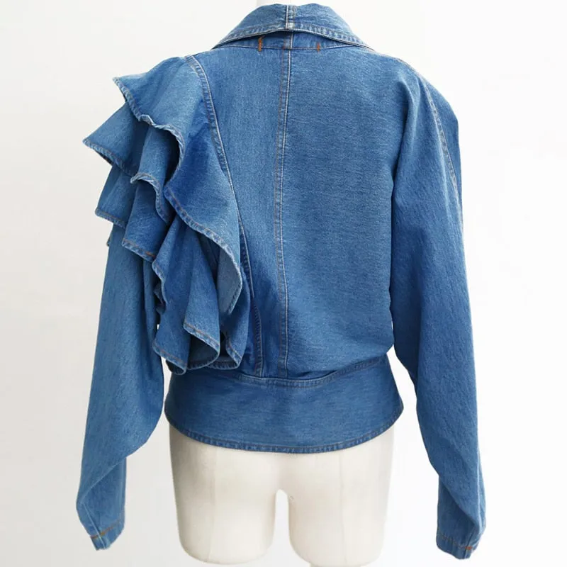 Patchwork Ruffle Tunic Shirt For Women V Neck Half Sleeve Denim Blouse Female Fashion Clothing Spring