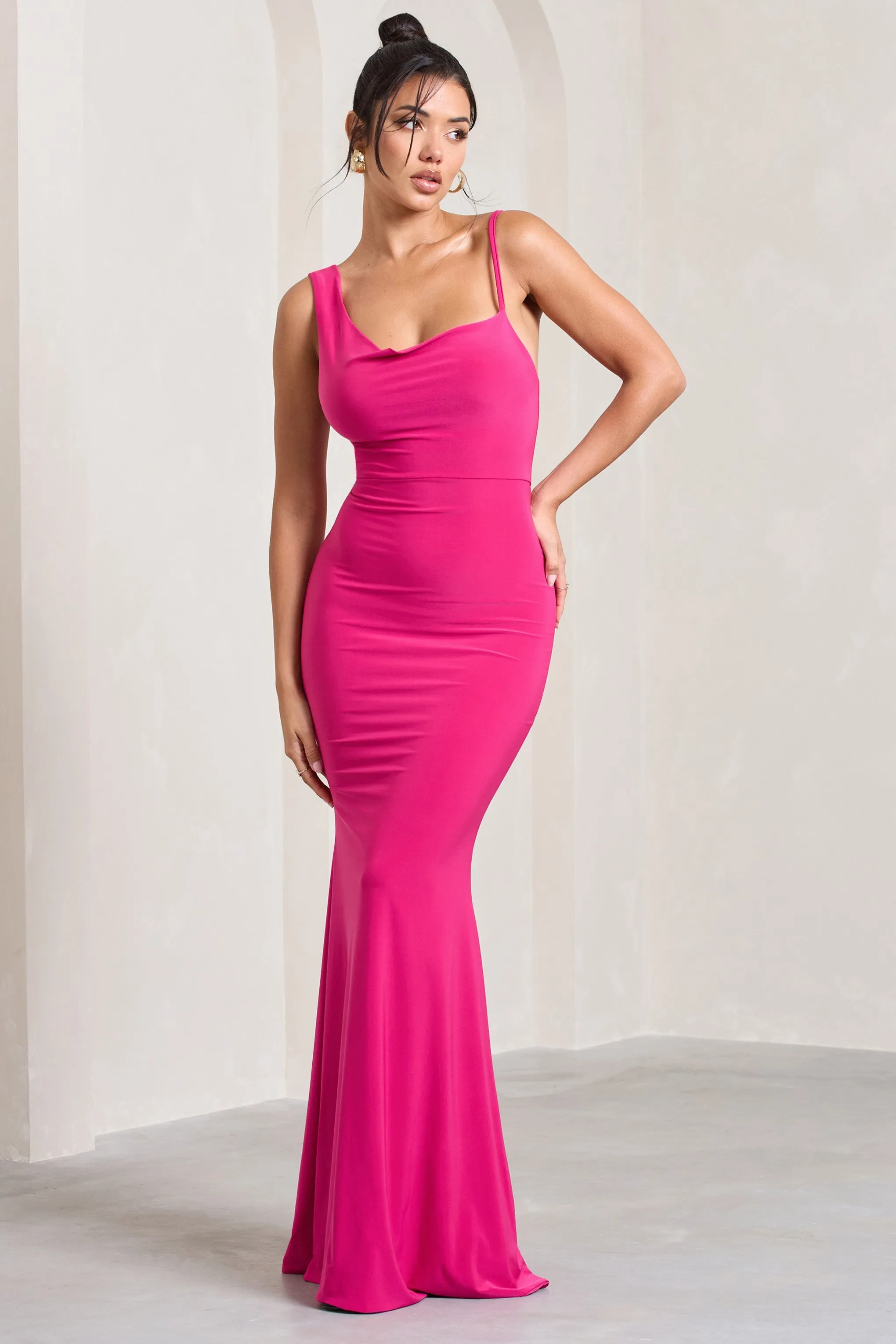 Phantasy | Hot Pink Asymmetric Neckline Cowl Maxi Dress