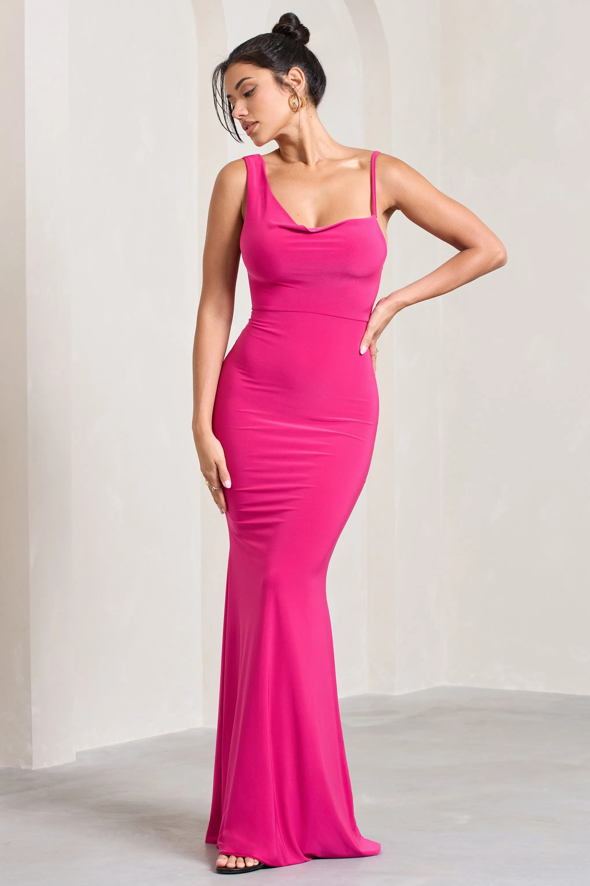 Phantasy | Hot Pink Asymmetric Neckline Cowl Maxi Dress