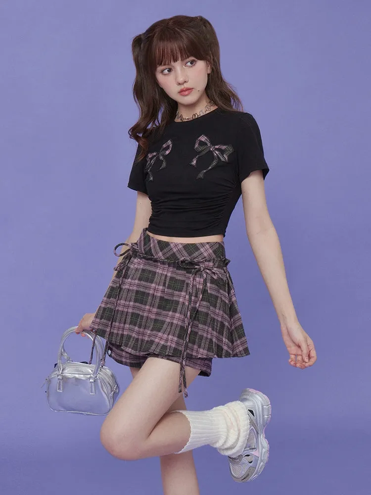 Plaid Ribbon Pleated Culottes【s0000008887】