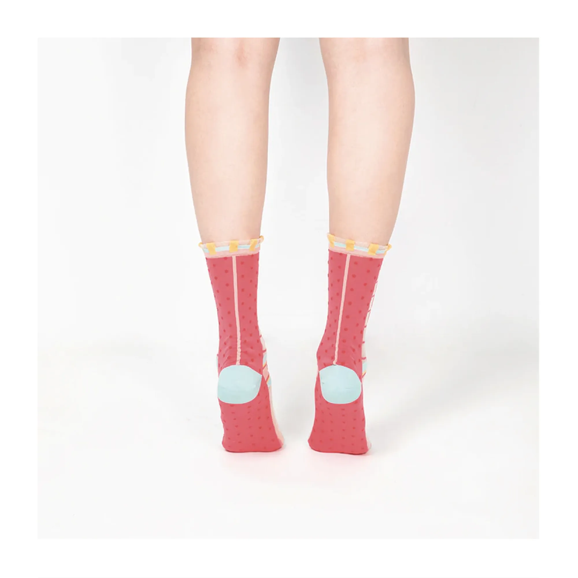 Polka Dot & Grid Sheer Socks - Watermelon Pink