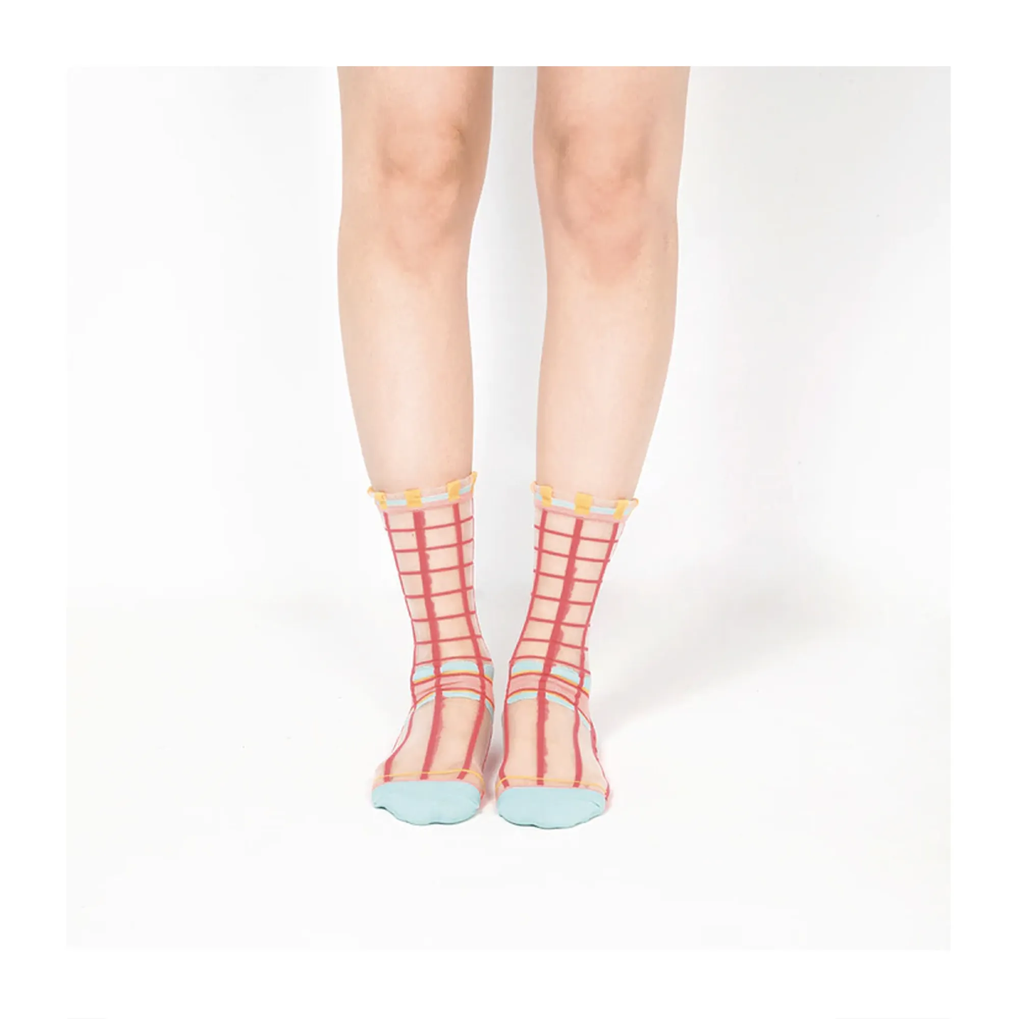 Polka Dot & Grid Sheer Socks - Watermelon Pink