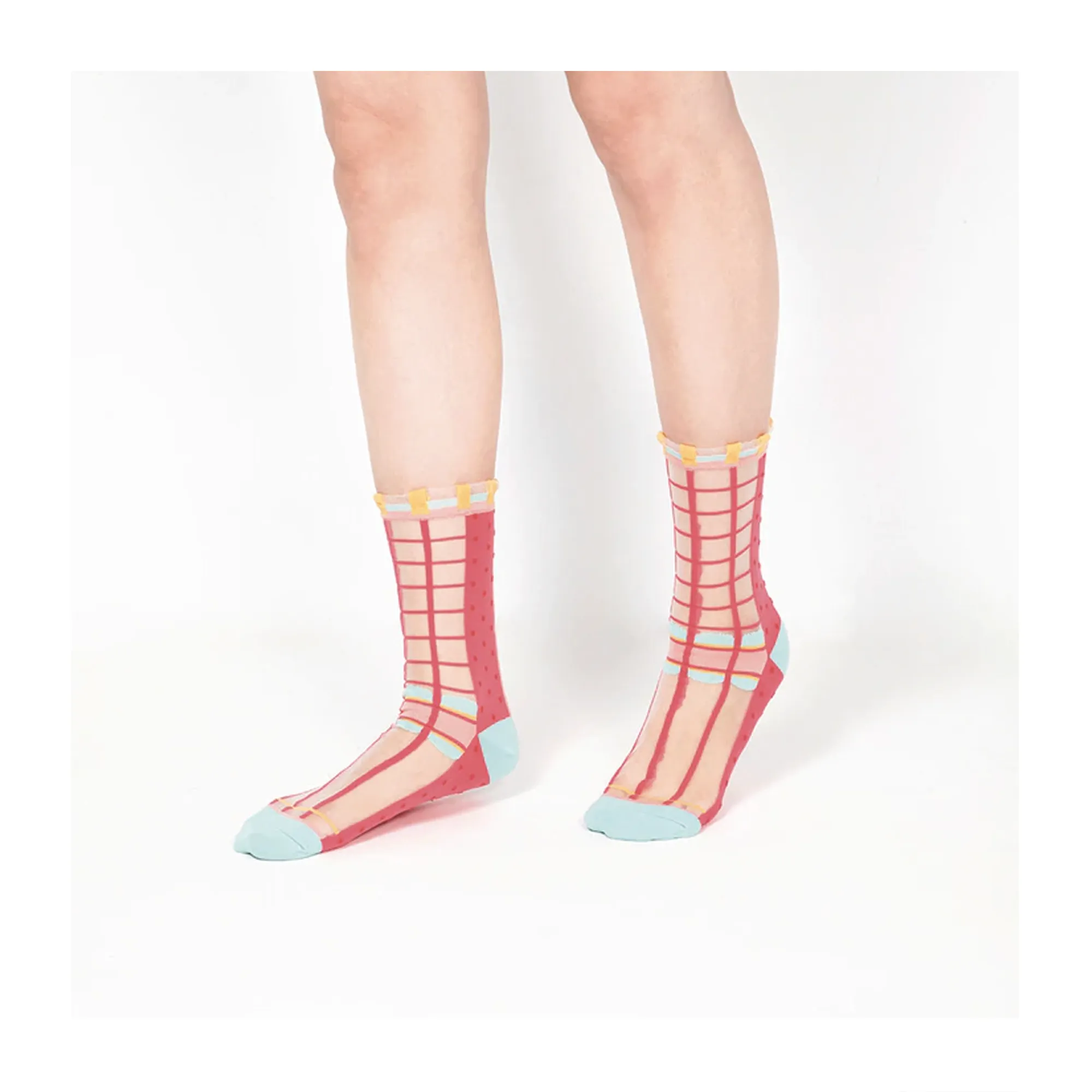 Polka Dot & Grid Sheer Socks - Watermelon Pink