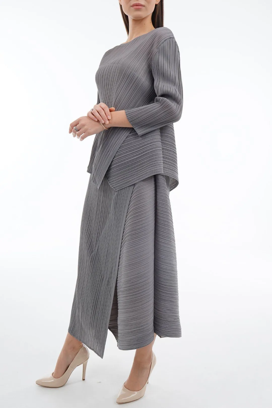 Rebekah Pleated Sleeve Top With Asymmetric Skirt Set