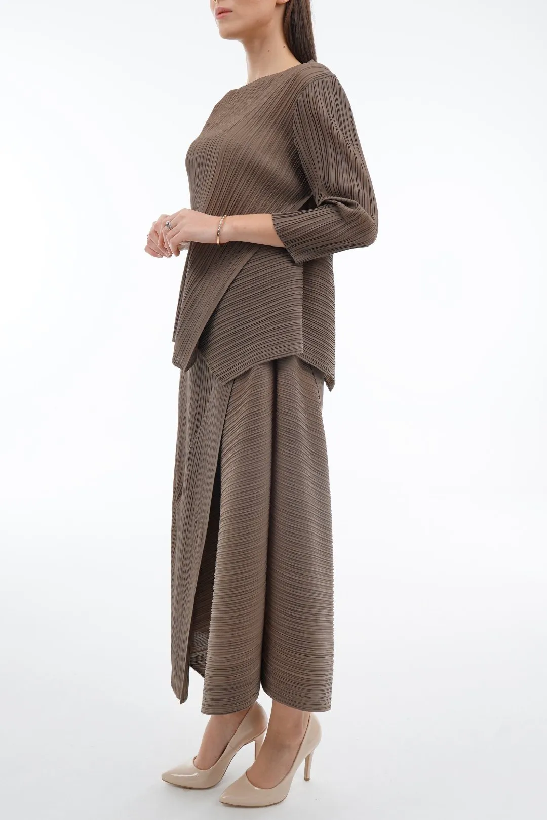 Rebekah Pleated Sleeve Top With Asymmetric Skirt Set