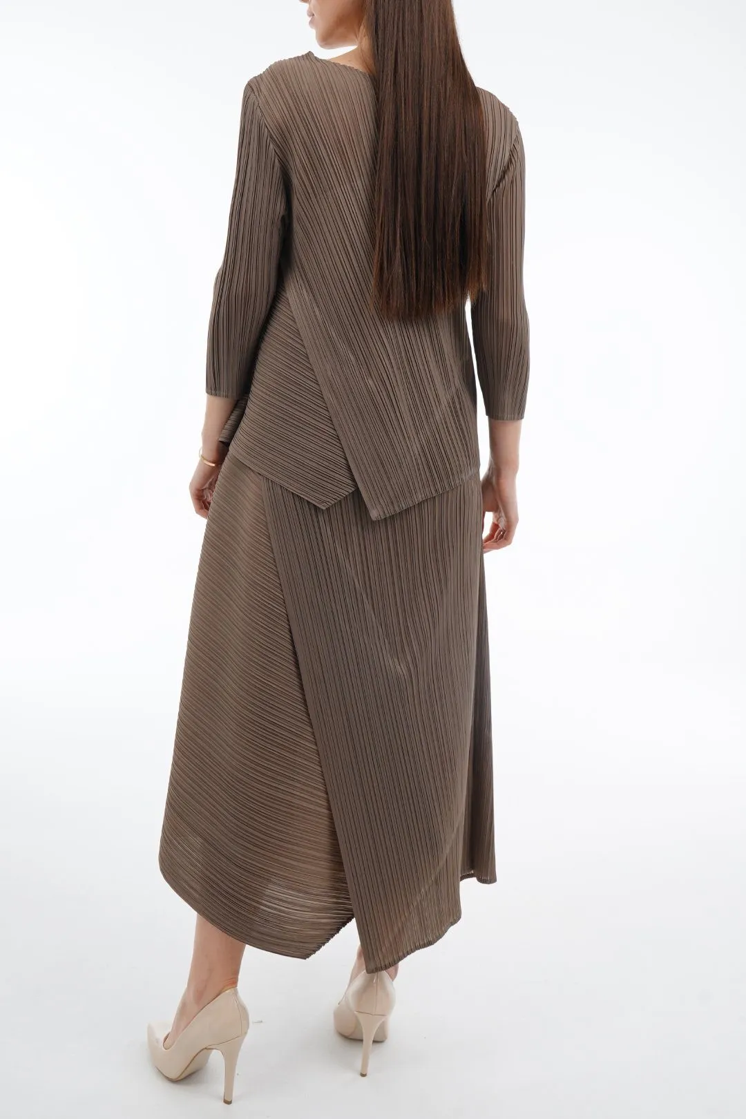 Rebekah Pleated Sleeve Top With Asymmetric Skirt Set