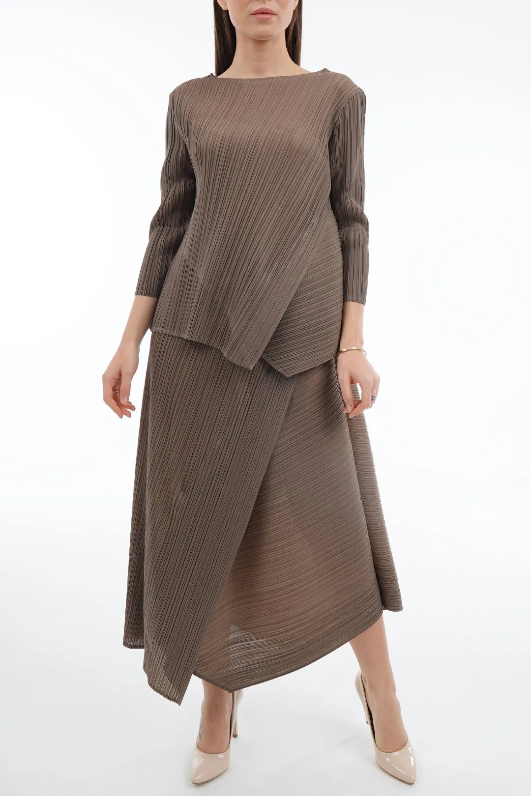 Rebekah Pleated Sleeve Top With Asymmetric Skirt Set