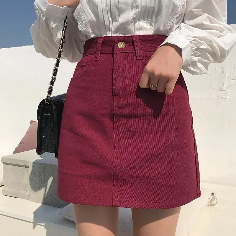 Red Wine Basic Colours Denim Jean Pencil Above Knee Skirt