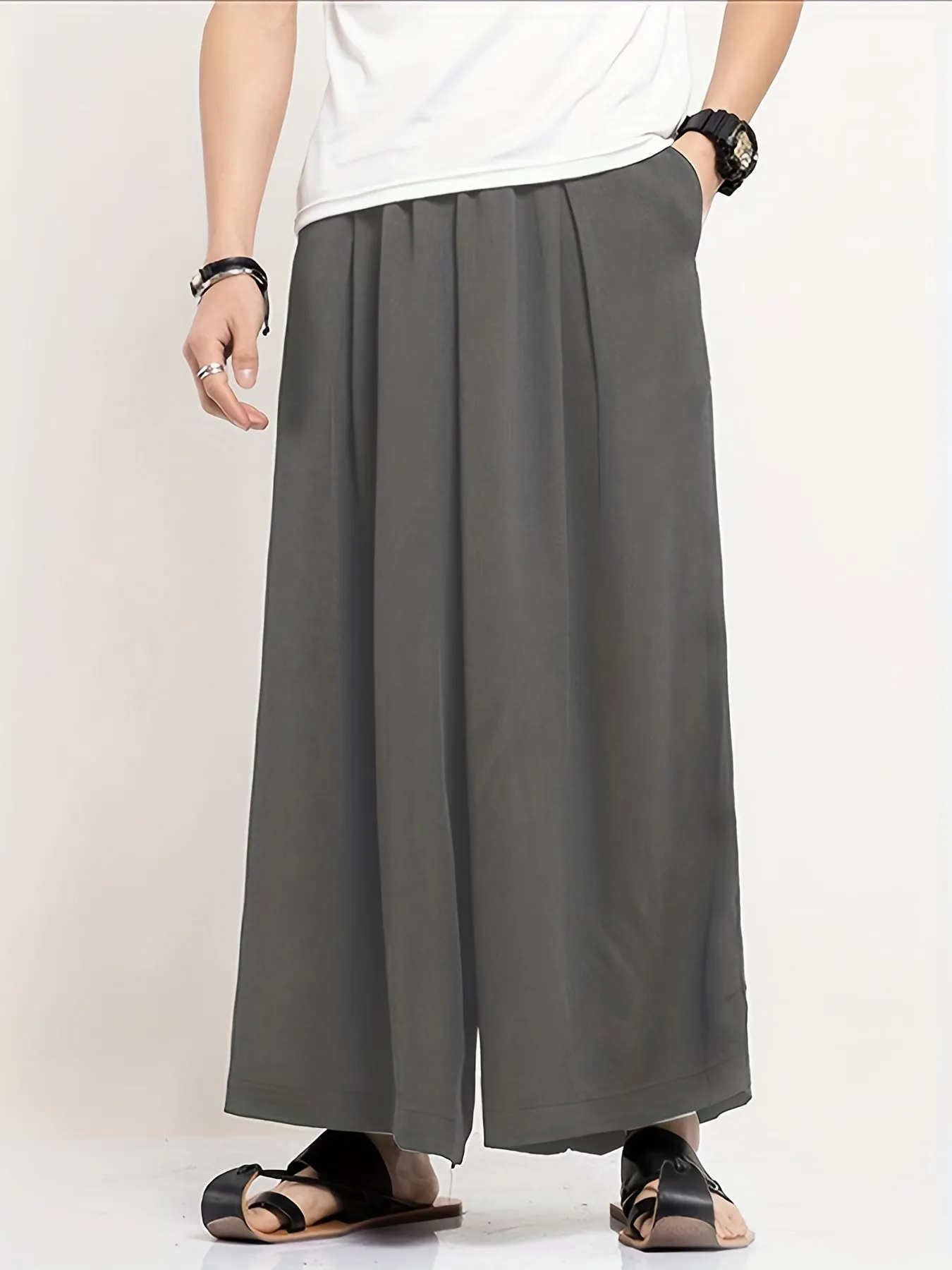 Regular Loose Fit Wide Leg Culottes - Comfortable Non-Stretch Polyester Pants for Men - Perfect for Spring and Fall Casual Wear