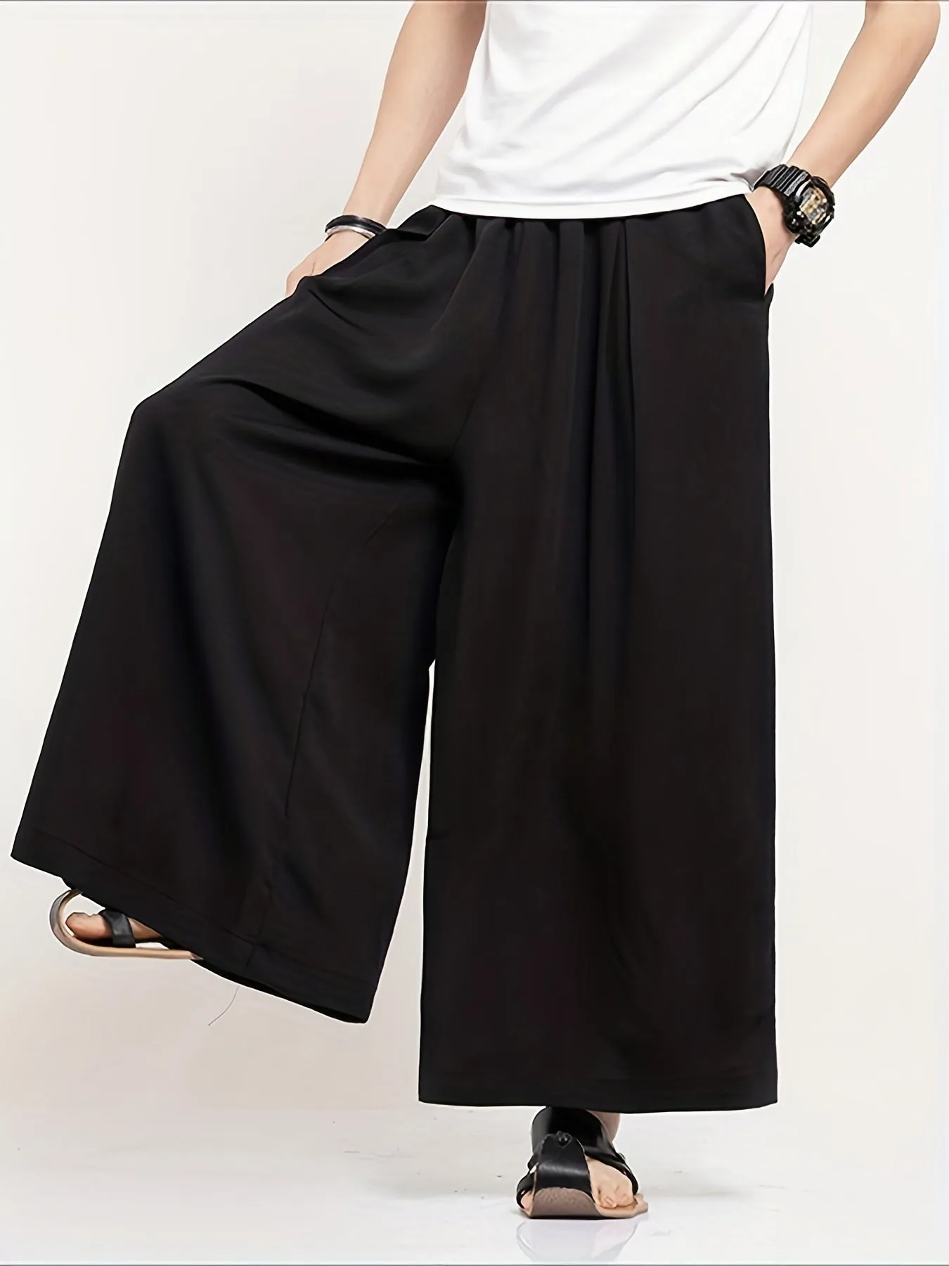 Regular Loose Fit Wide Leg Culottes - Comfortable Non-Stretch Polyester Pants for Men - Perfect for Spring and Fall Casual Wear