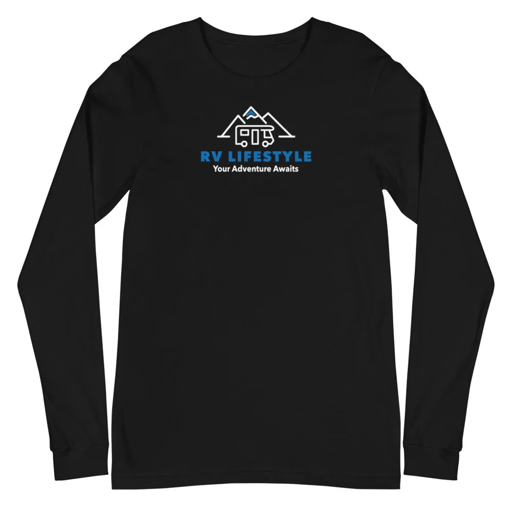 RV Lifestyle Logo Men and Women's Long Sleeve Tee - SOFTER - Black Heather, Black, Navy, Dark Grey Heather, Heather Deep Teal