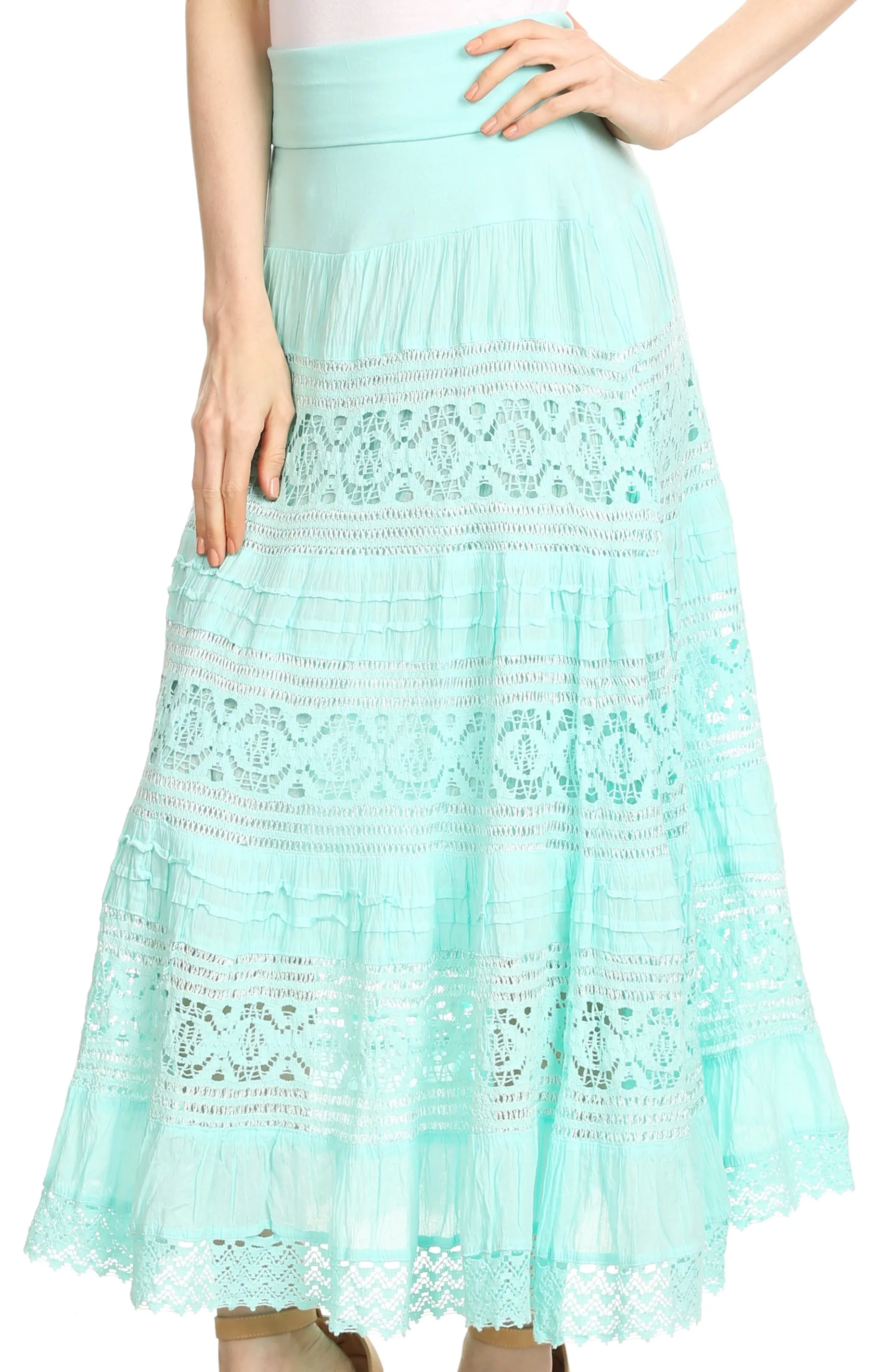 Sakkas Gracie Crochet Lace Tiered Long Cotton Skirt with Fold-Over Waistband