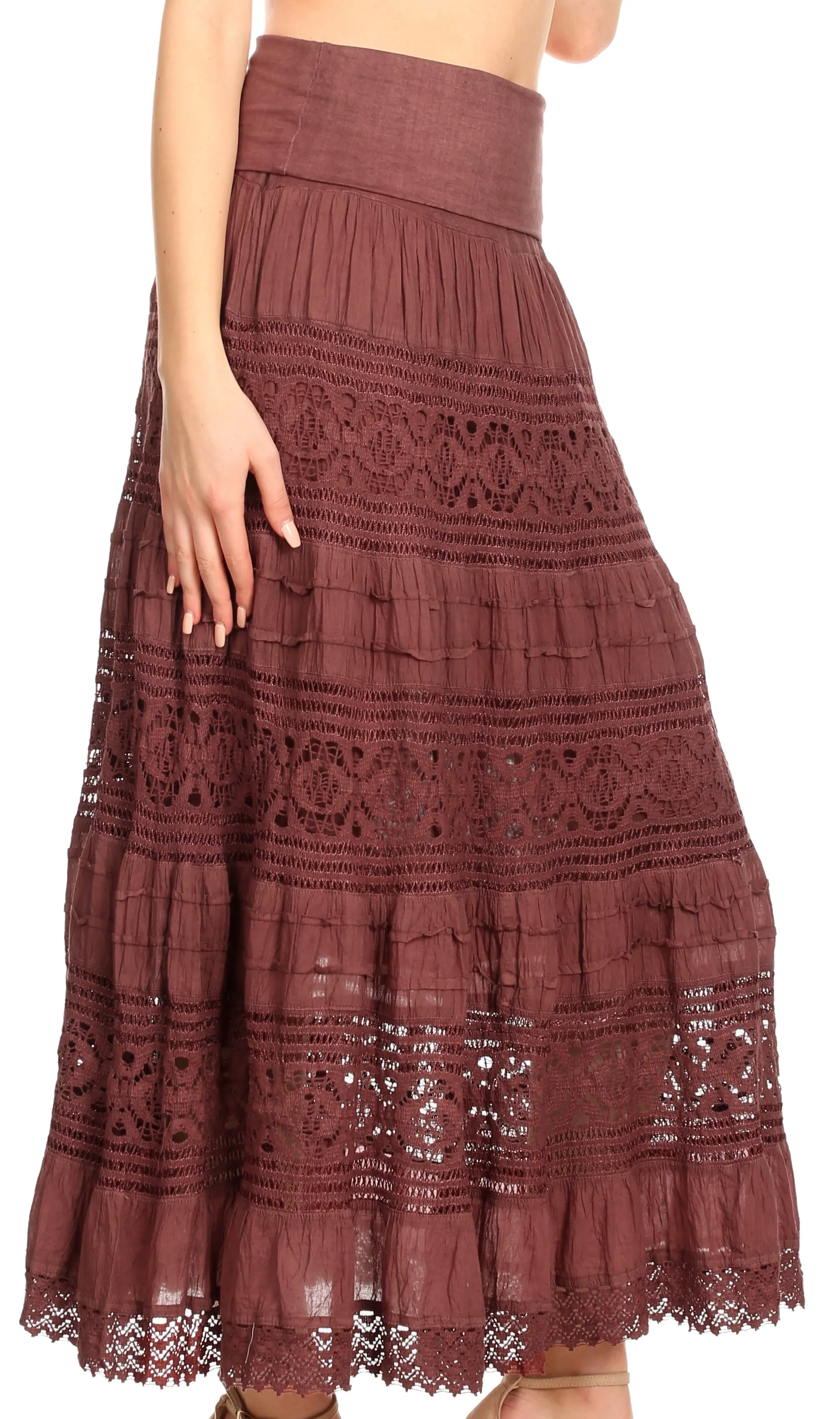 Sakkas Gracie Crochet Lace Tiered Long Cotton Skirt with Fold-Over Waistband