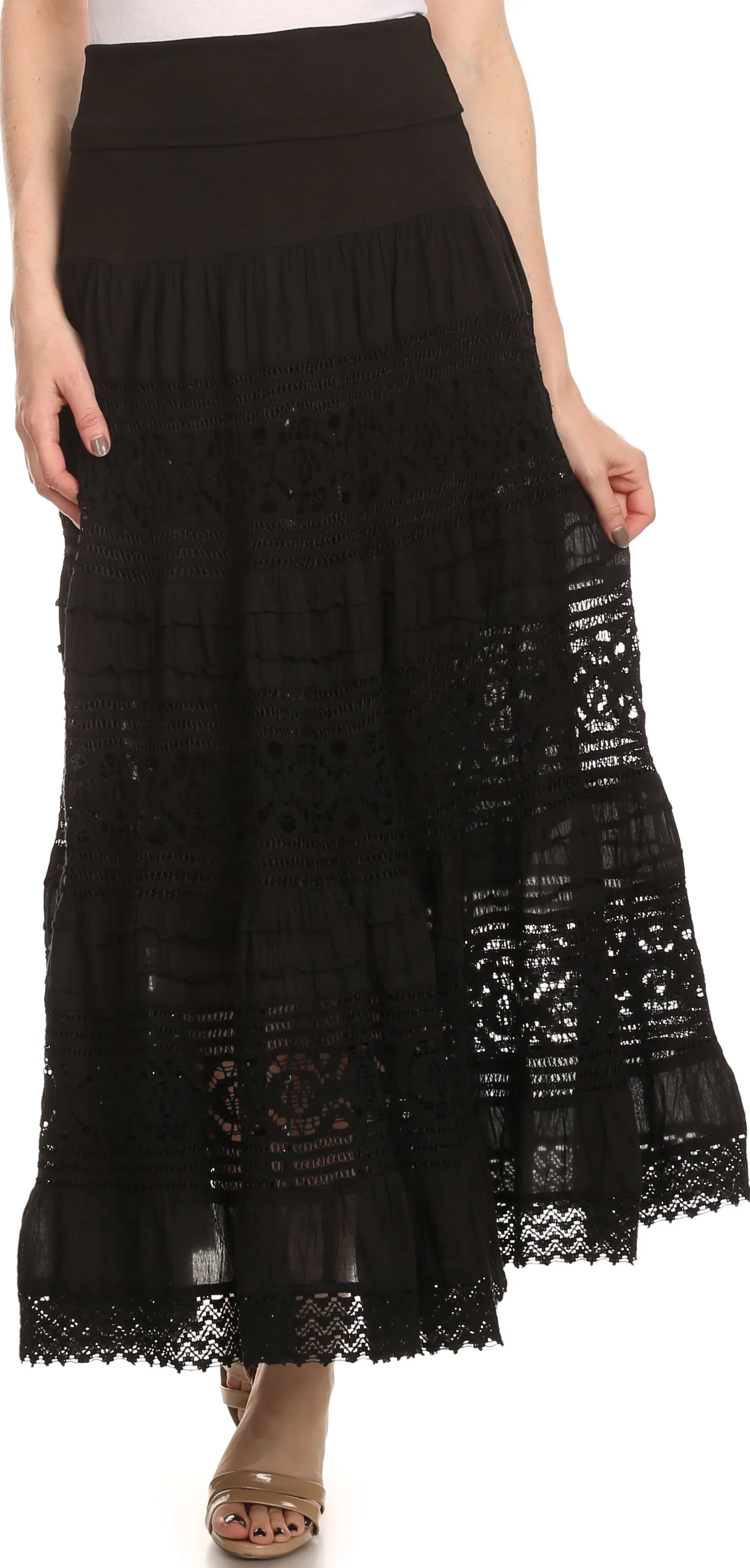 Sakkas Gracie Crochet Lace Tiered Long Cotton Skirt with Fold-Over Waistband