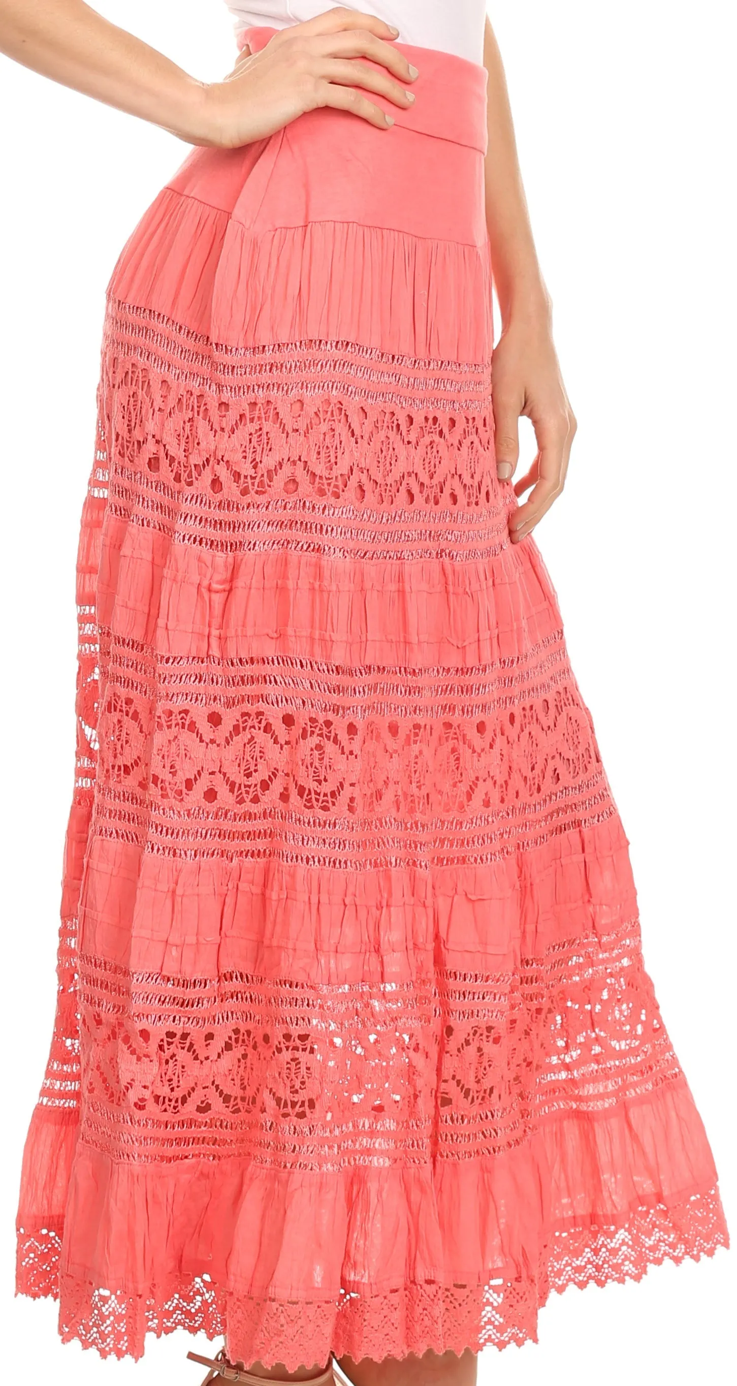 Sakkas Gracie Crochet Lace Tiered Long Cotton Skirt with Fold-Over Waistband