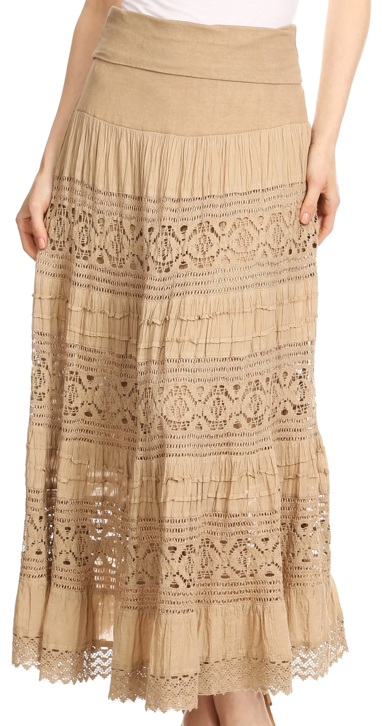 Sakkas Gracie Crochet Lace Tiered Long Cotton Skirt with Fold-Over Waistband