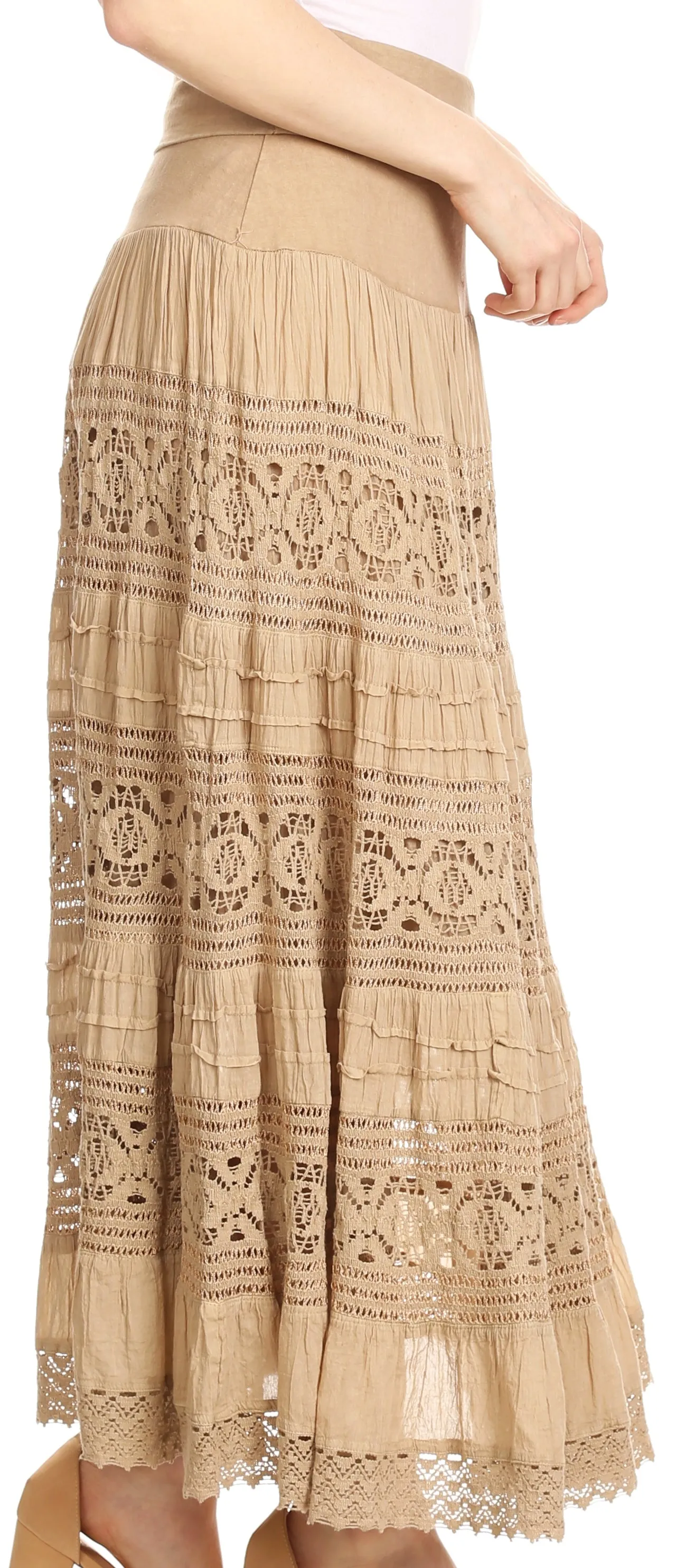 Sakkas Gracie Crochet Lace Tiered Long Cotton Skirt with Fold-Over Waistband