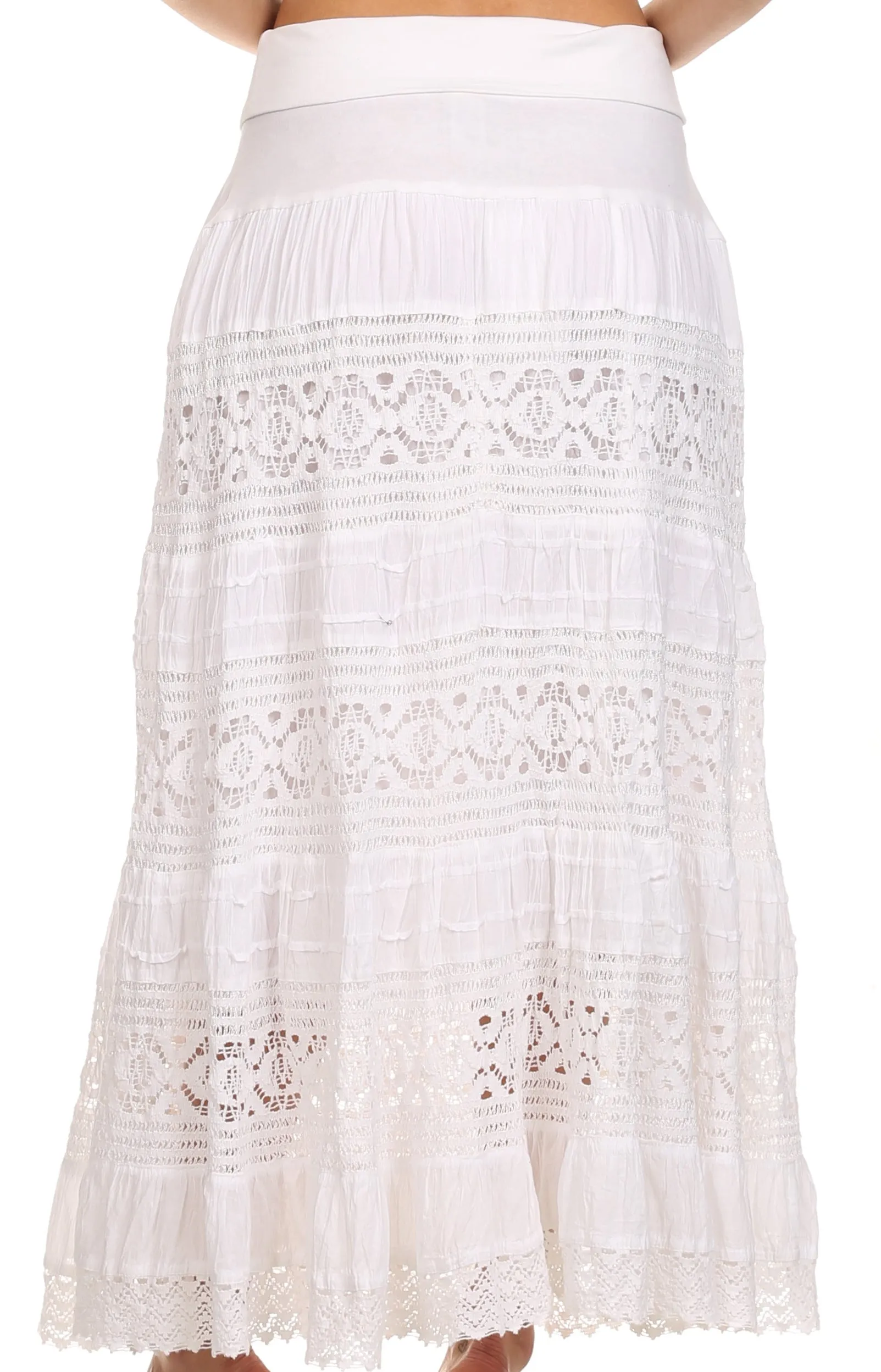 Sakkas Gracie Crochet Lace Tiered Long Cotton Skirt with Fold-Over Waistband