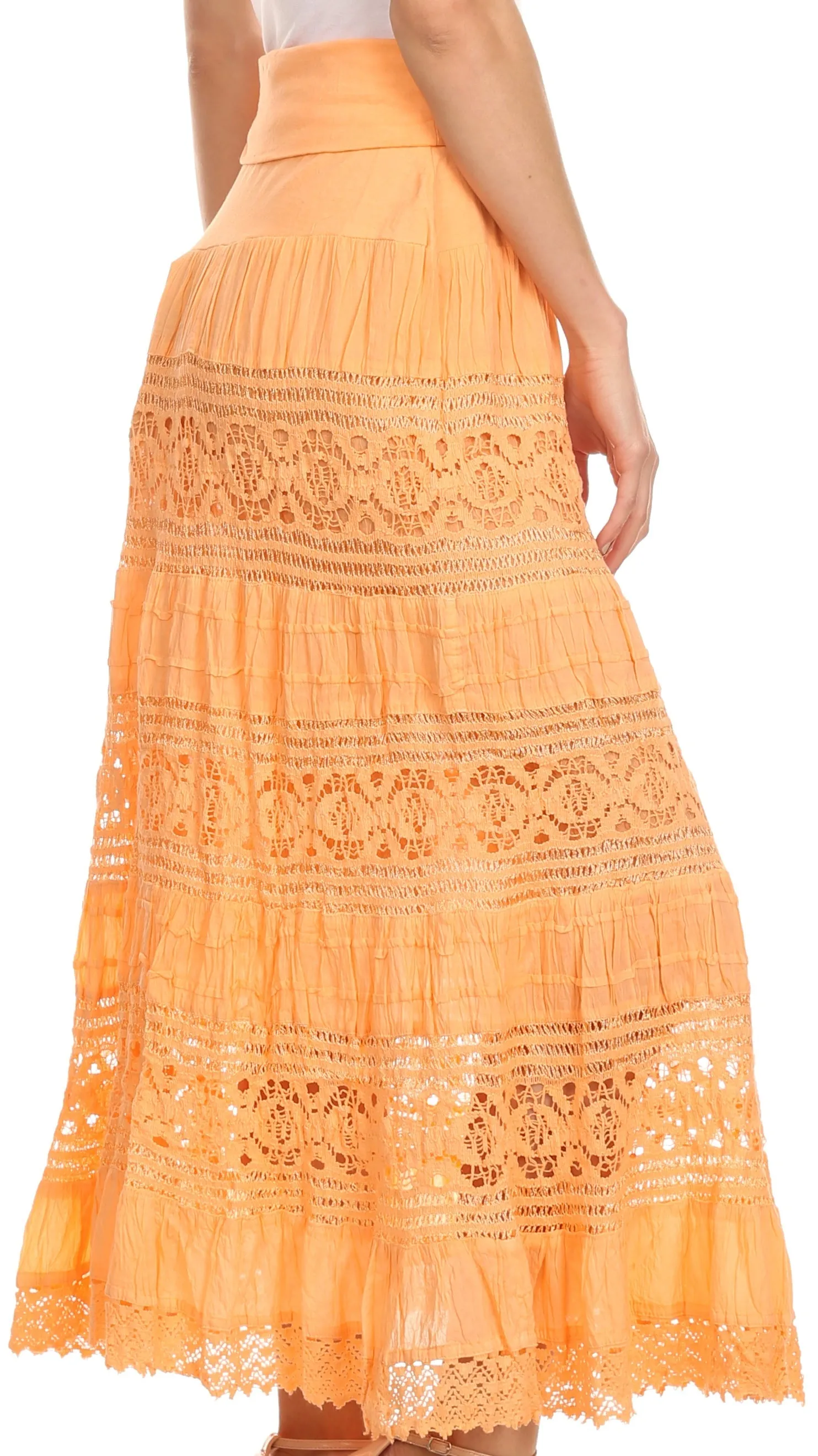 Sakkas Gracie Crochet Lace Tiered Long Cotton Skirt with Fold-Over Waistband