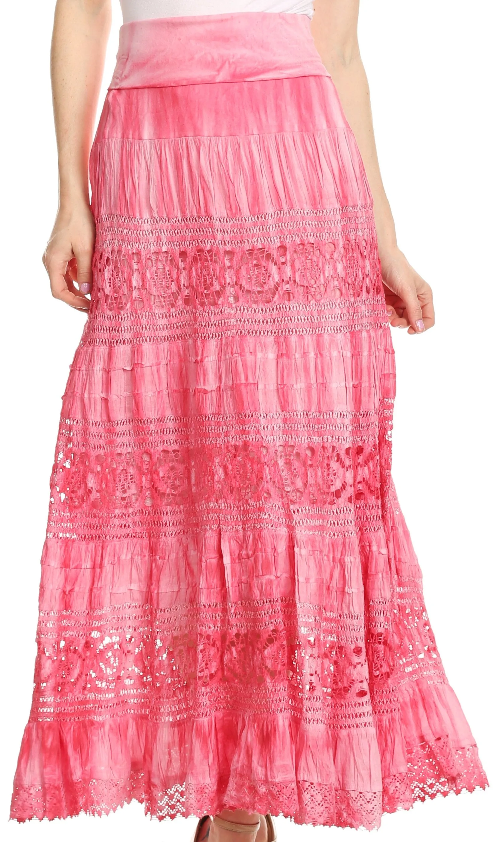 Sakkas Gracie Crochet Lace Tiered Long Cotton Skirt with Fold-Over Waistband