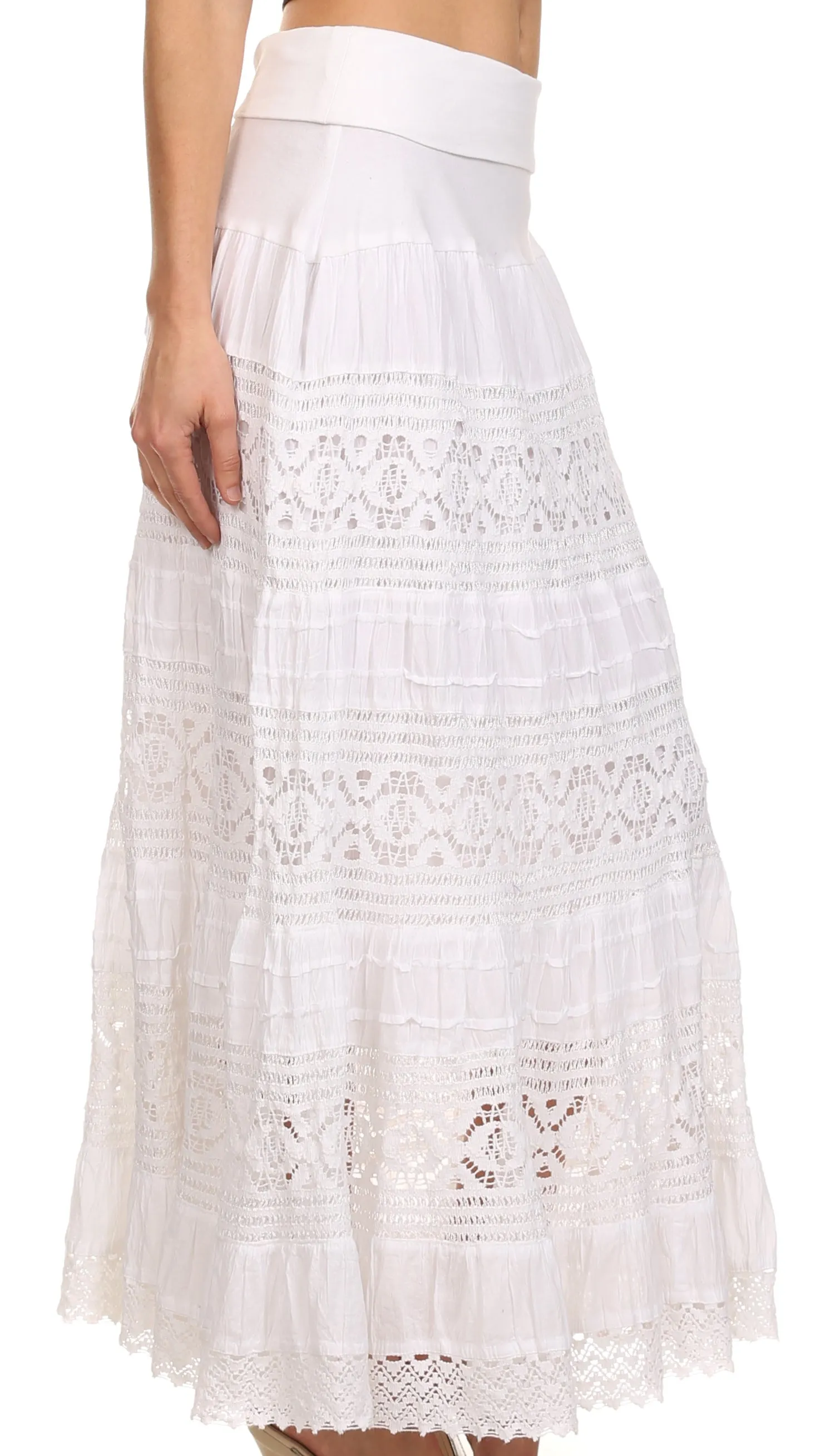 Sakkas Gracie Crochet Lace Tiered Long Cotton Skirt with Fold-Over Waistband