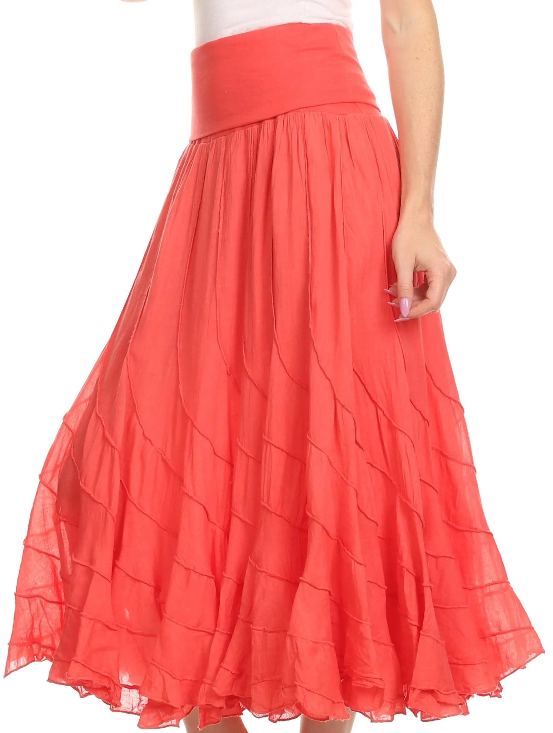 Sakkas Lika Long Ruffle Paneled Fold Over Adjustable High Waist Batik Flare Skirt