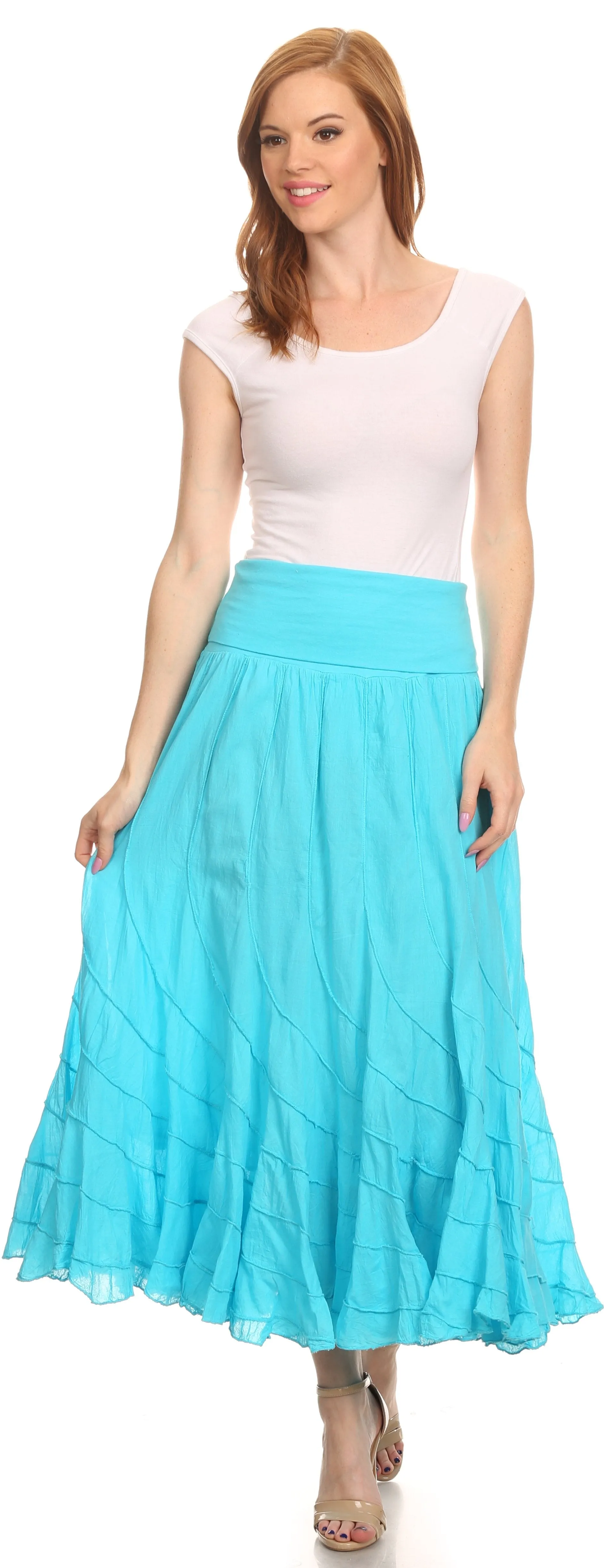 Sakkas Lika Long Ruffle Paneled Fold Over Adjustable High Waist Batik Flare Skirt