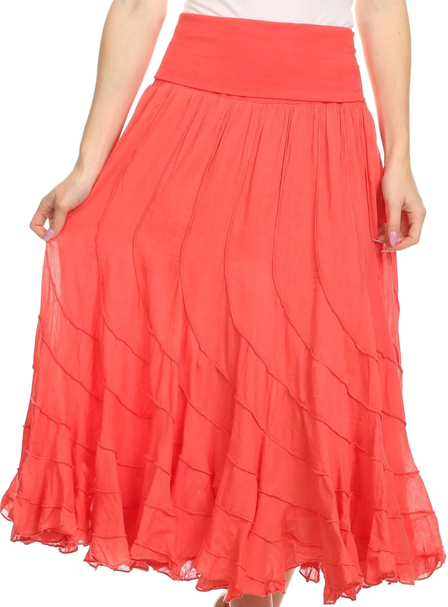 Sakkas Lika Long Ruffle Paneled Fold Over Adjustable High Waist Batik Flare Skirt