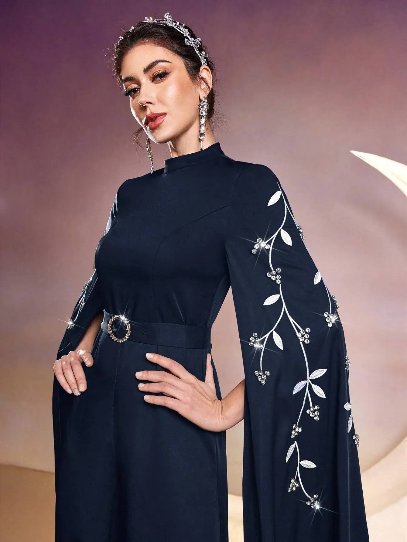 SHEIN Modely Women Stand Collar Plant Embroidery Rhinestone Decor Ultra-Long Sleeve Wide-Leg Elegant Jumpsuit