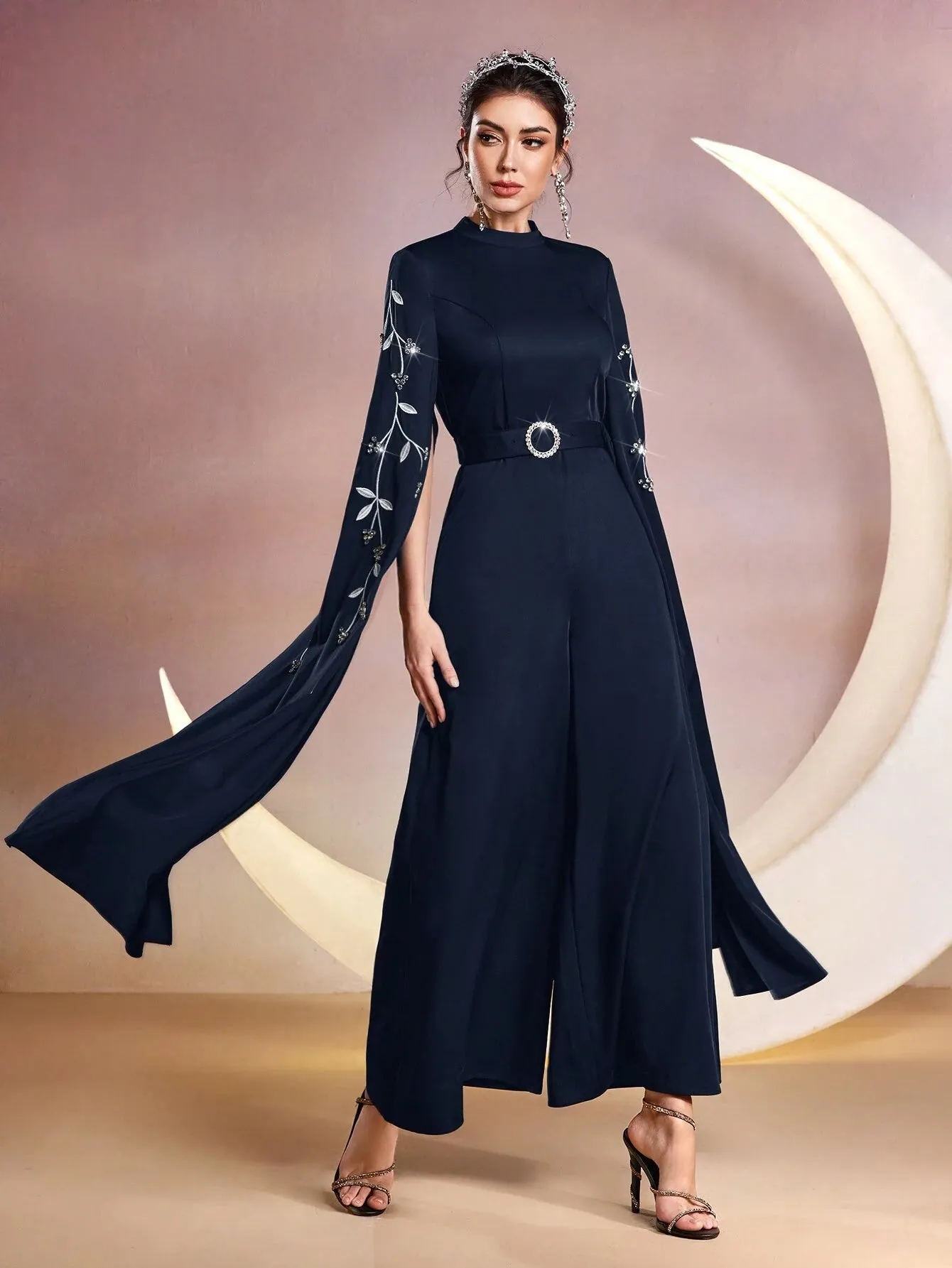 SHEIN Modely Women Stand Collar Plant Embroidery Rhinestone Decor Ultra-Long Sleeve Wide-Leg Elegant Jumpsuit