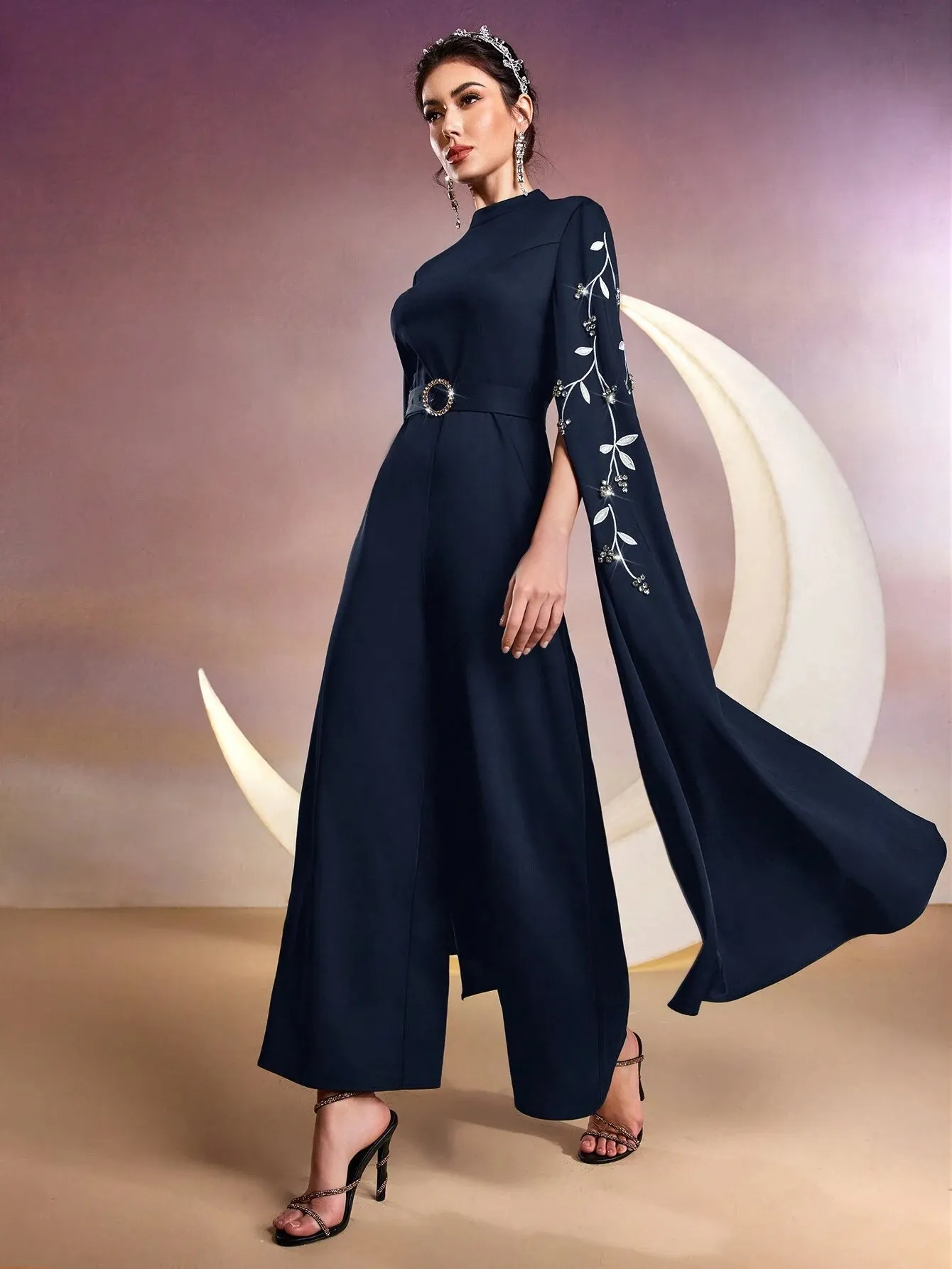 SHEIN Modely Women Stand Collar Plant Embroidery Rhinestone Decor Ultra-Long Sleeve Wide-Leg Elegant Jumpsuit