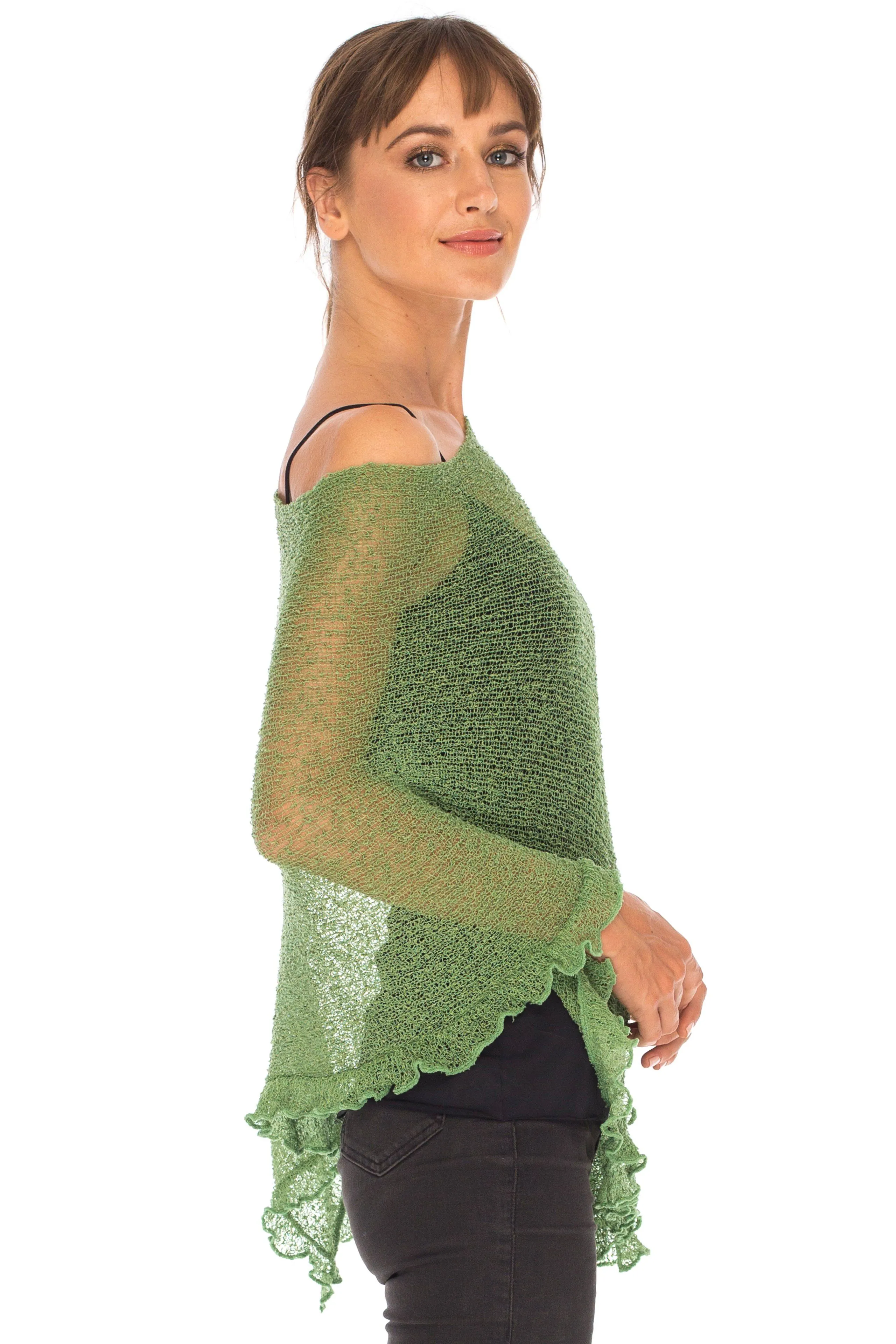 SHU-SHI Womens Sheer Poncho Shrug Lightweight Knit Ruffle Pullover Sweater Top