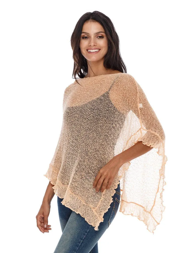 SHU-SHI Womens Sheer Poncho Shrug Lightweight Knit Ruffle Pullover Sweater Top