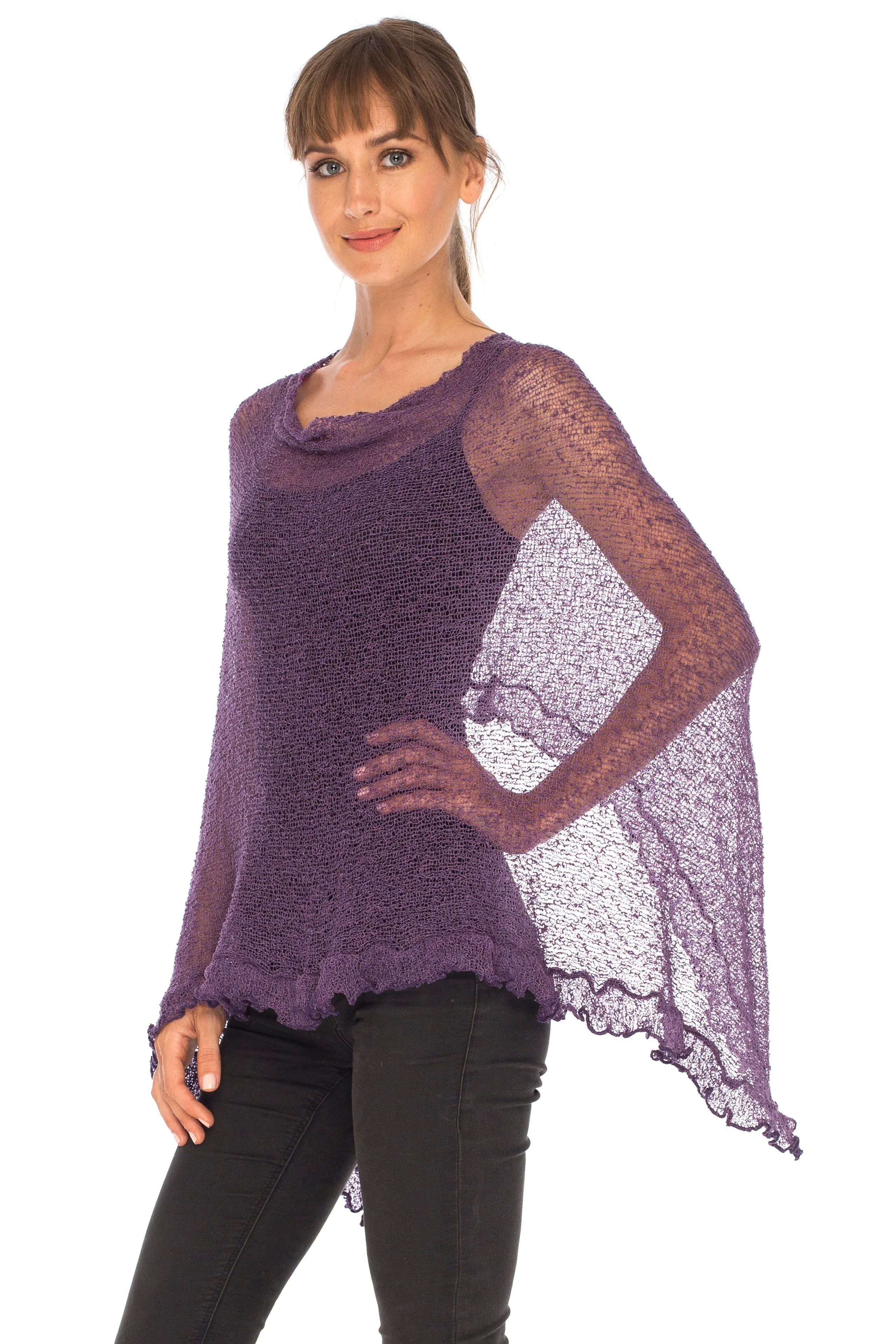 SHU-SHI Womens Sheer Poncho Shrug Lightweight Knit Ruffle Pullover Sweater Top