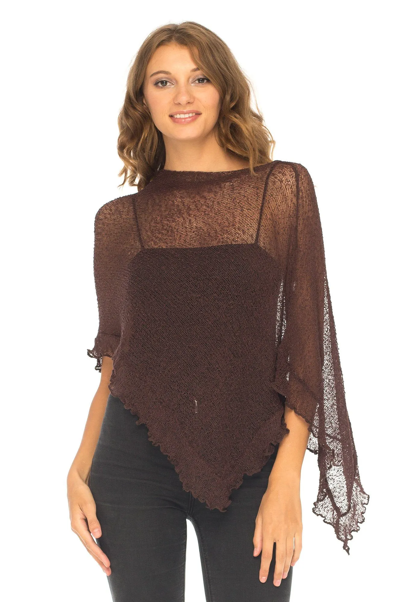 SHU-SHI Womens Sheer Poncho Shrug Lightweight Knit Ruffle Pullover Sweater Top