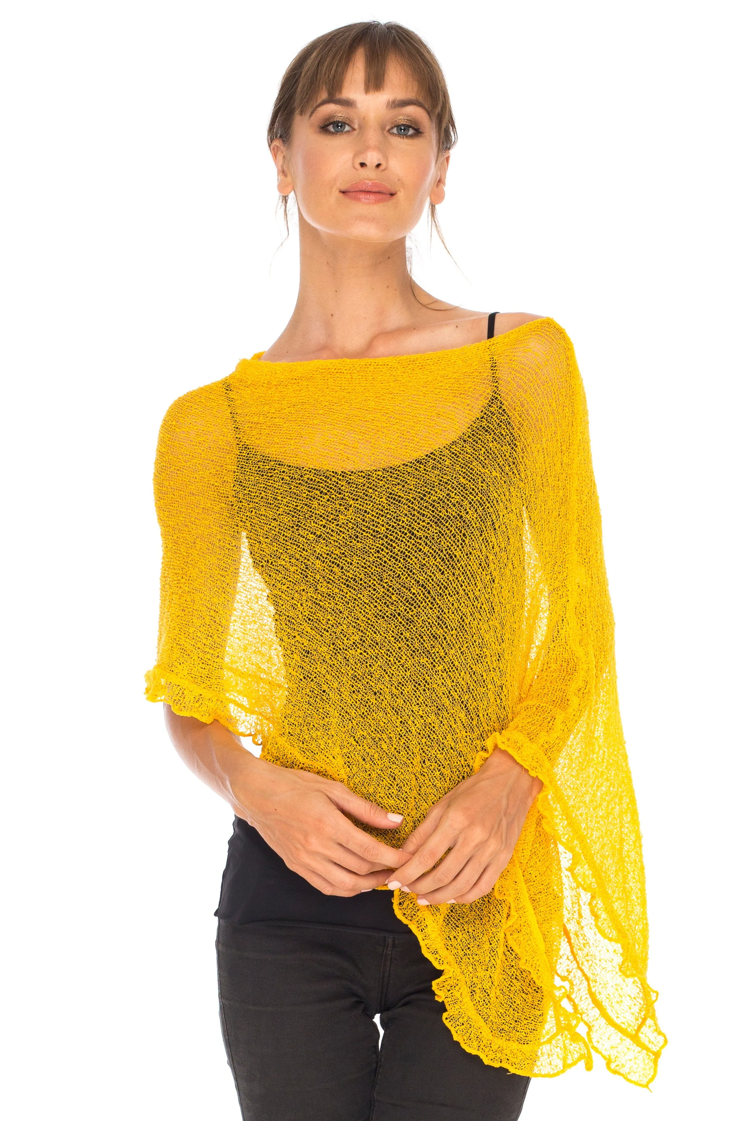 SHU-SHI Womens Sheer Poncho Shrug Lightweight Knit Ruffle Pullover Sweater Top