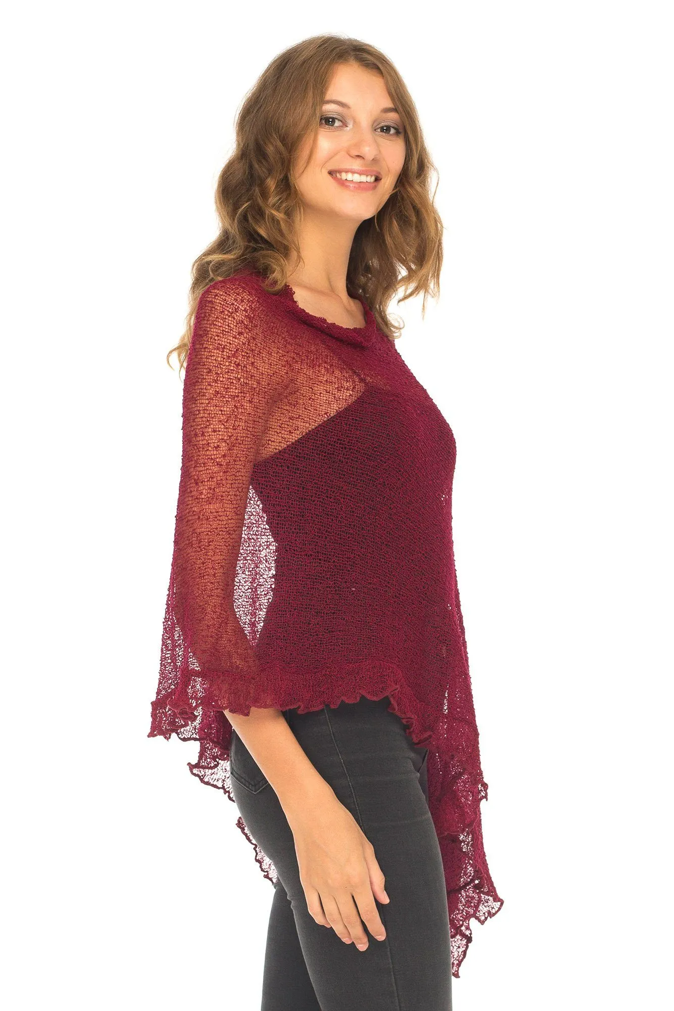 SHU-SHI Womens Sheer Poncho Shrug Lightweight Knit Ruffle Pullover Sweater Top