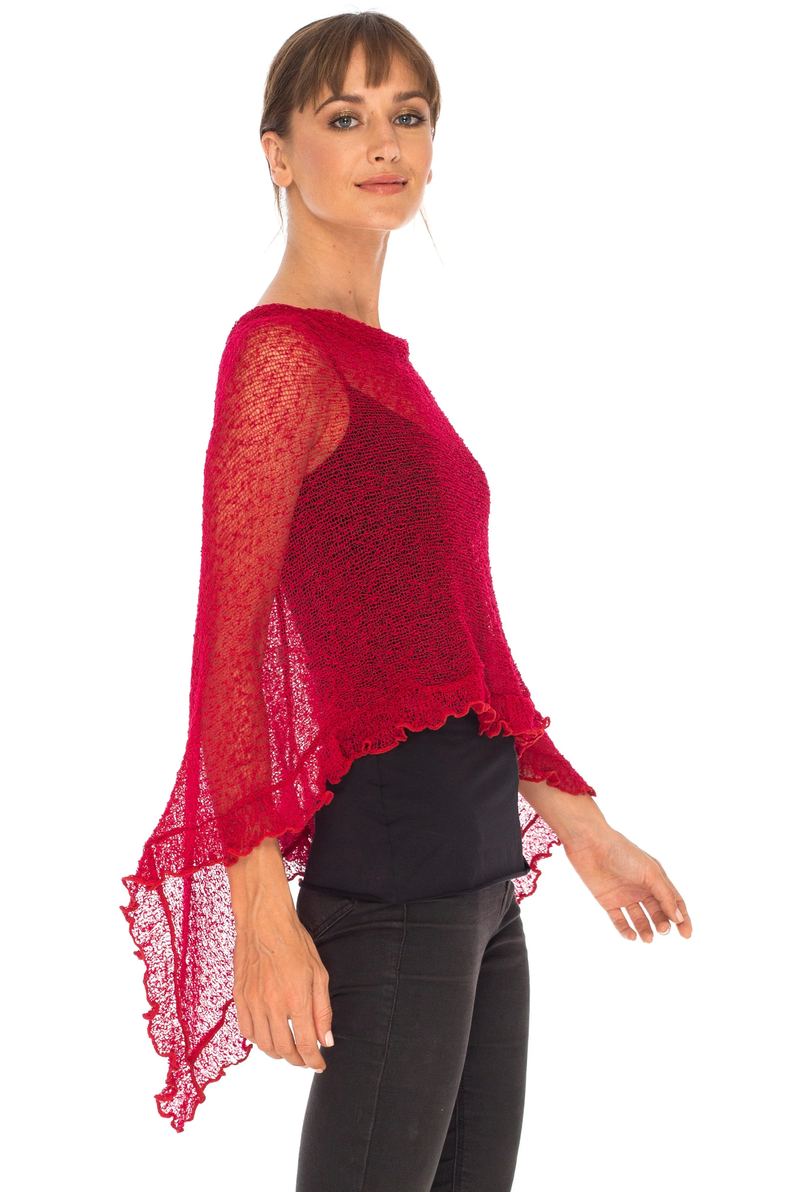 SHU-SHI Womens Sheer Poncho Shrug Lightweight Knit Ruffle Pullover Sweater Top