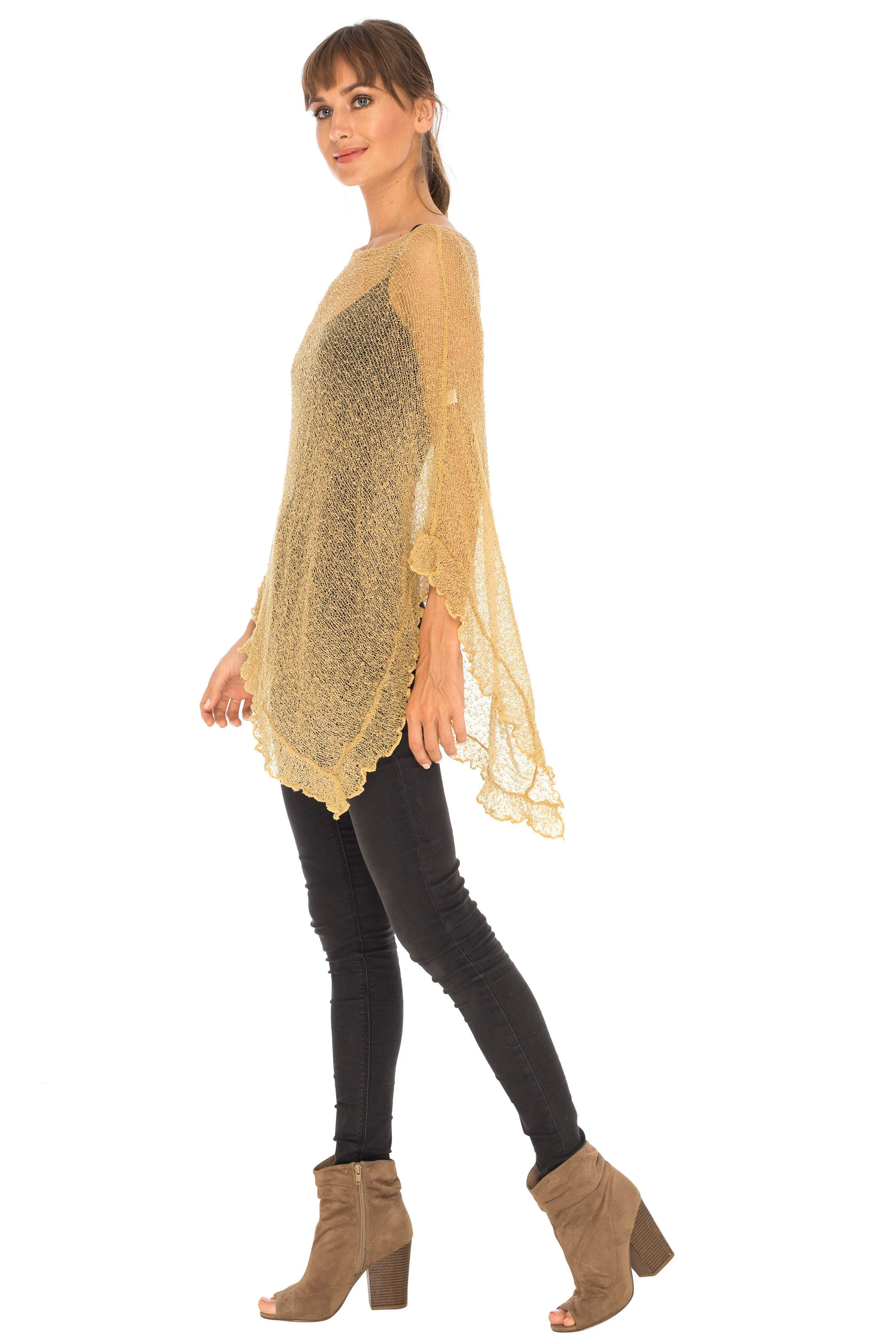 SHU-SHI Womens Sheer Poncho Shrug Lightweight Knit Ruffle Pullover Sweater Top