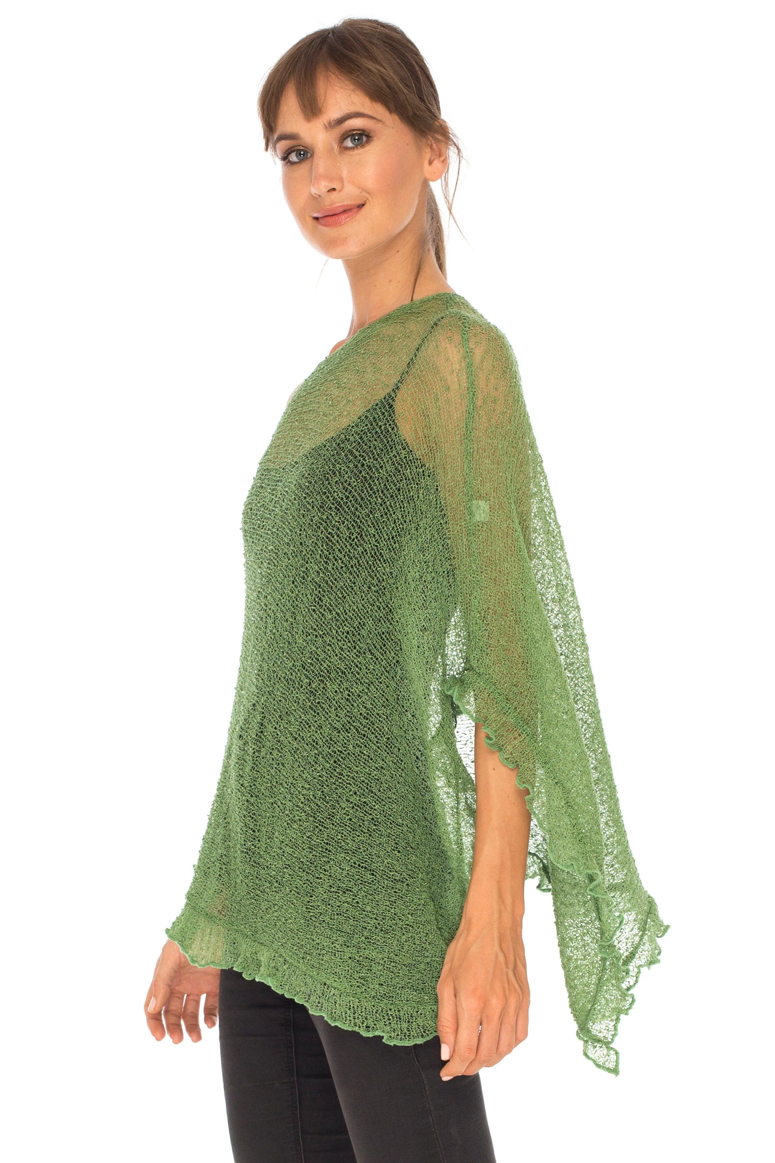 SHU-SHI Womens Sheer Poncho Shrug Lightweight Knit Ruffle Pullover Sweater Top