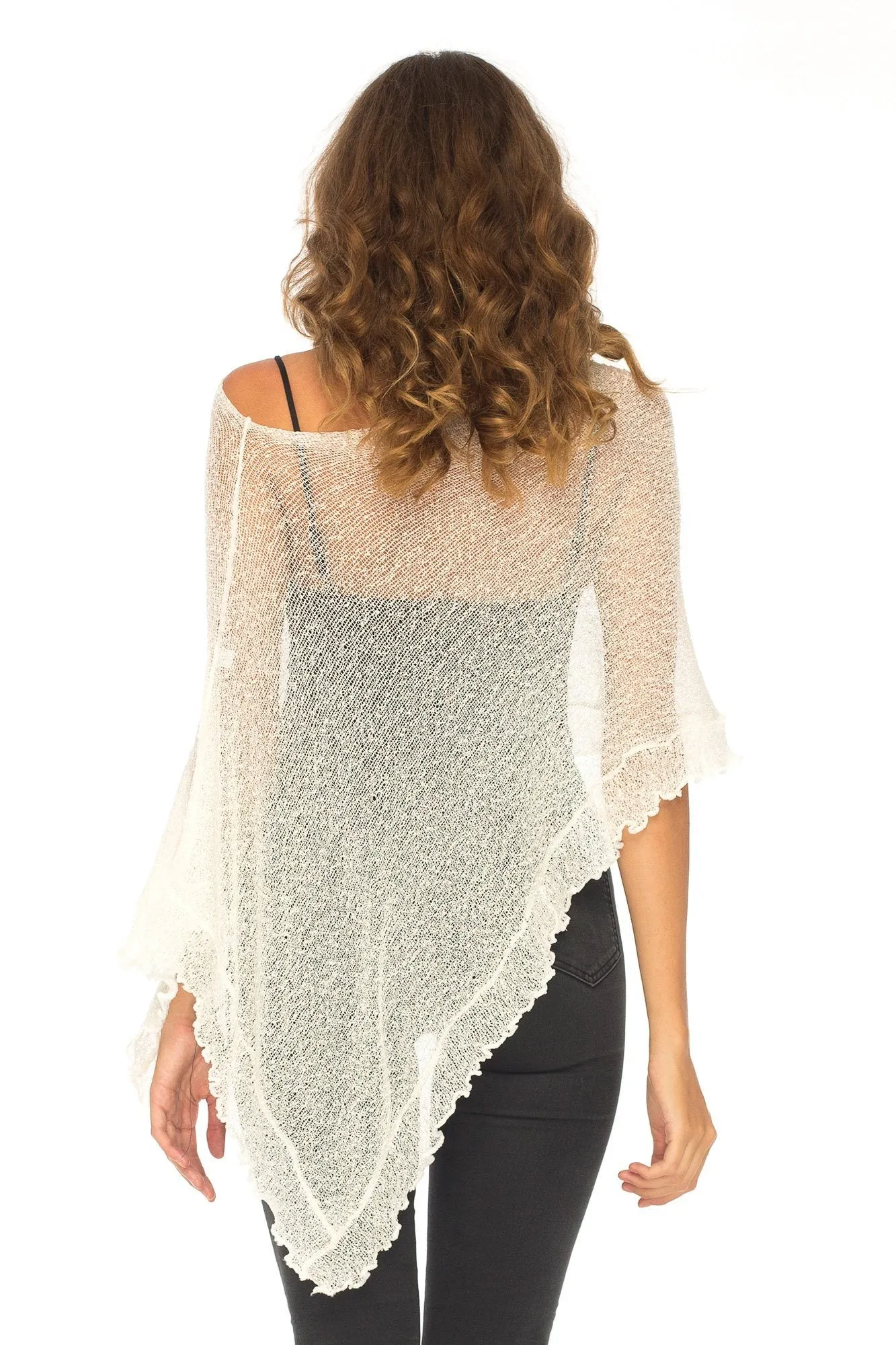 SHU-SHI Womens Sheer Poncho Shrug Lightweight Knit Ruffle Pullover Sweater Top