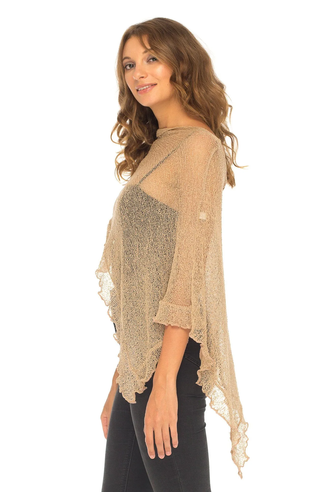 SHU-SHI Womens Sheer Poncho Shrug Lightweight Knit Ruffle Pullover Sweater Top