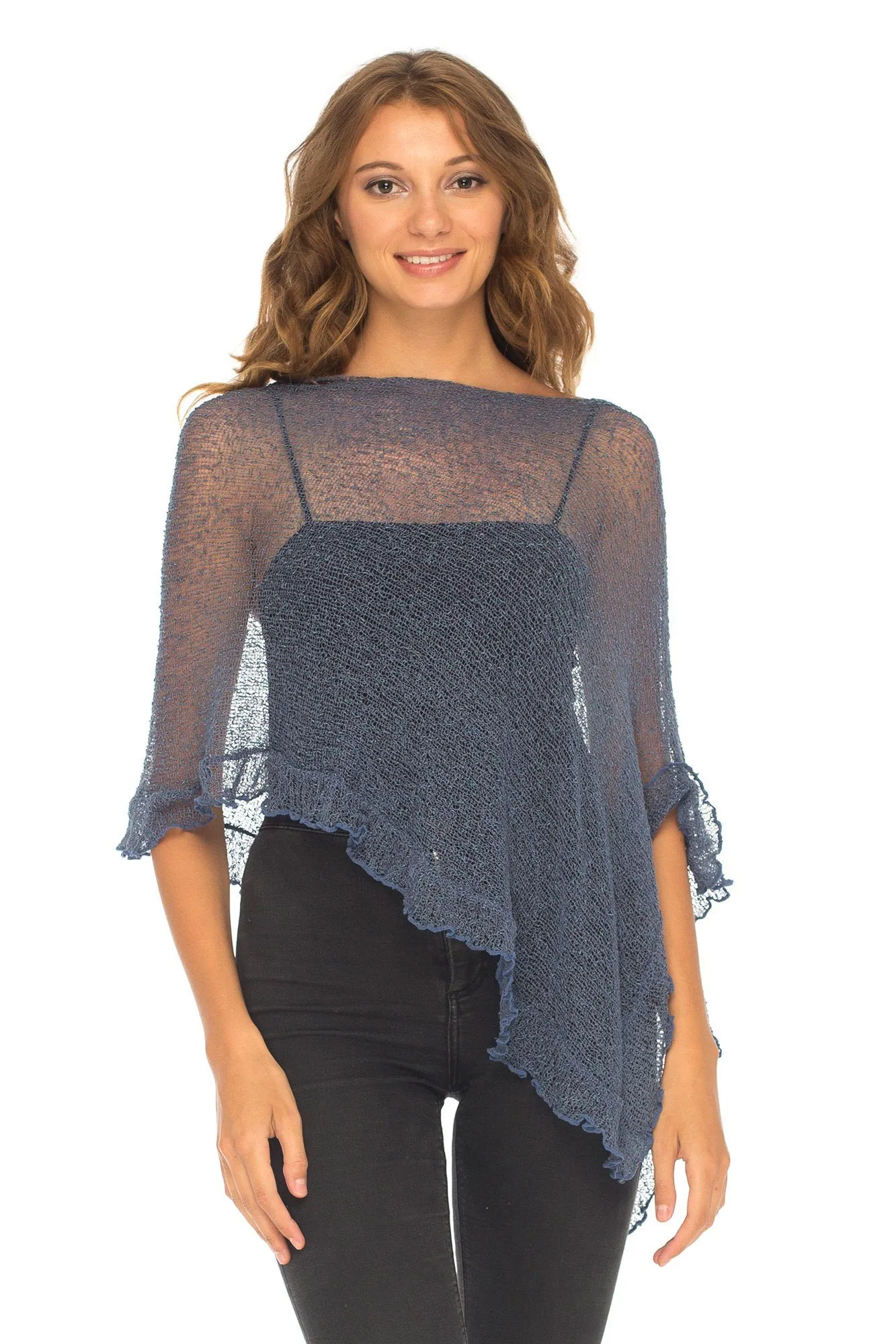 SHU-SHI Womens Sheer Poncho Shrug Lightweight Knit Ruffle Pullover Sweater Top