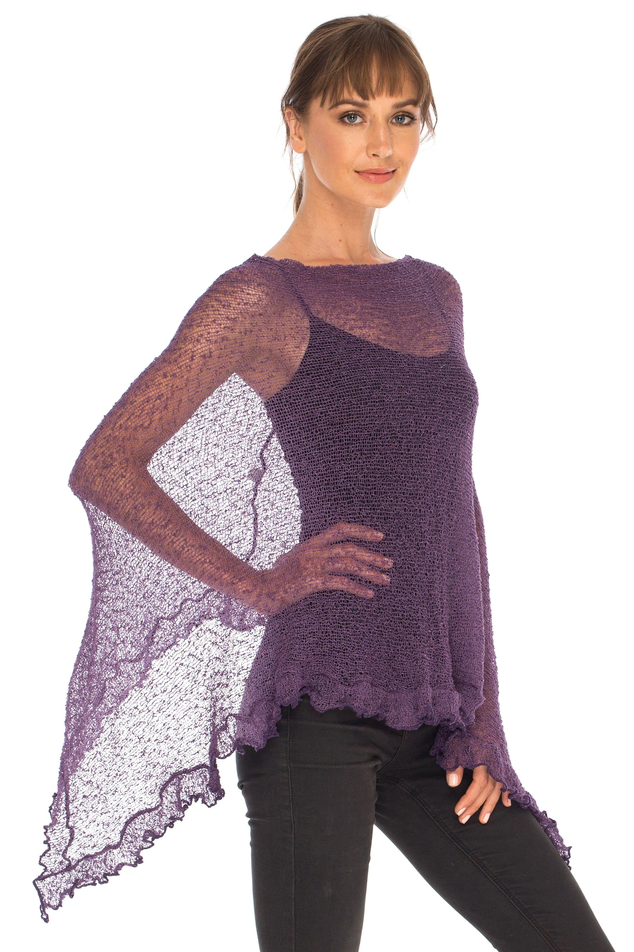 SHU-SHI Womens Sheer Poncho Shrug Lightweight Knit Ruffle Pullover Sweater Top