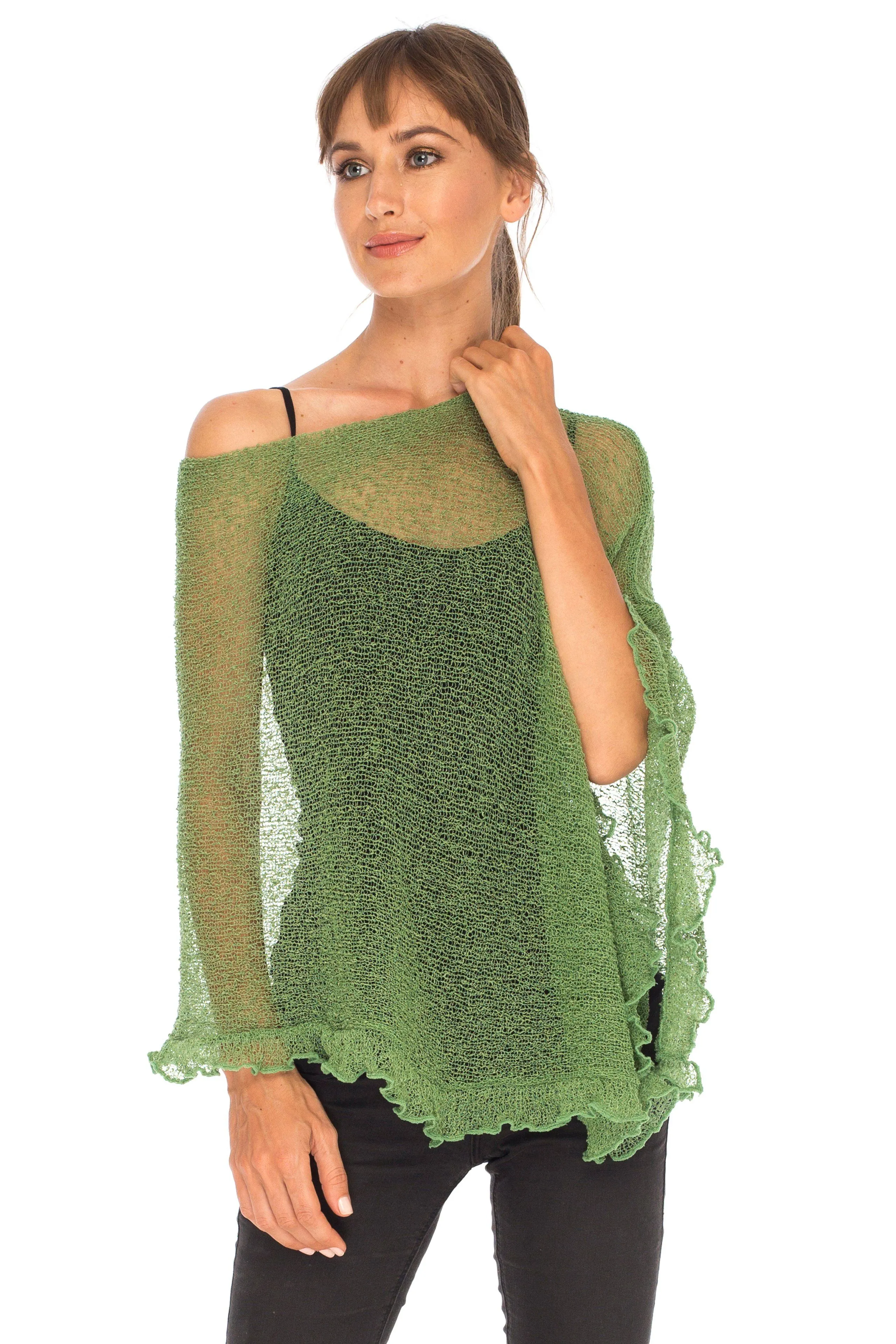 SHU-SHI Womens Sheer Poncho Shrug Lightweight Knit Ruffle Pullover Sweater Top