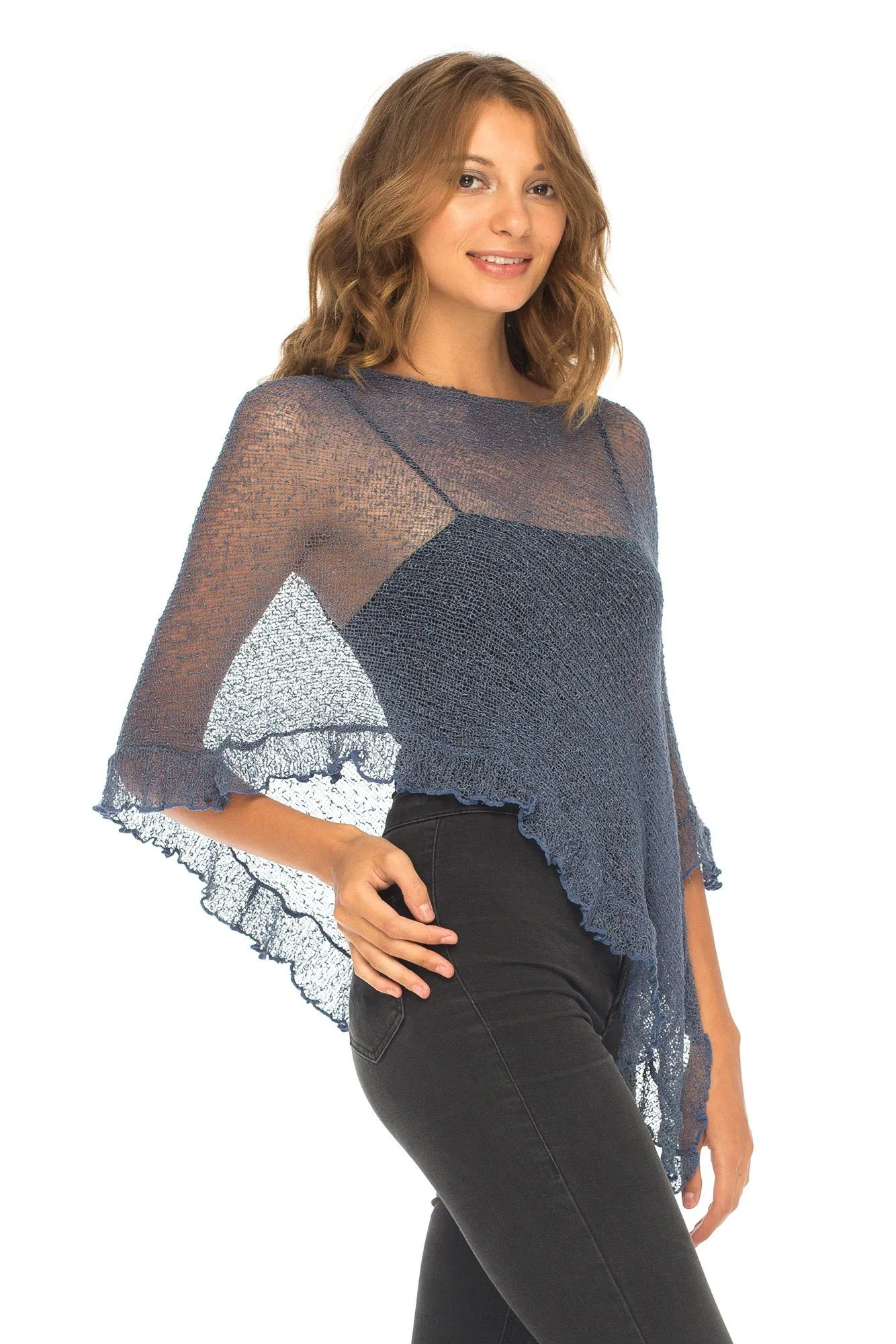 SHU-SHI Womens Sheer Poncho Shrug Lightweight Knit Ruffle Pullover Sweater Top