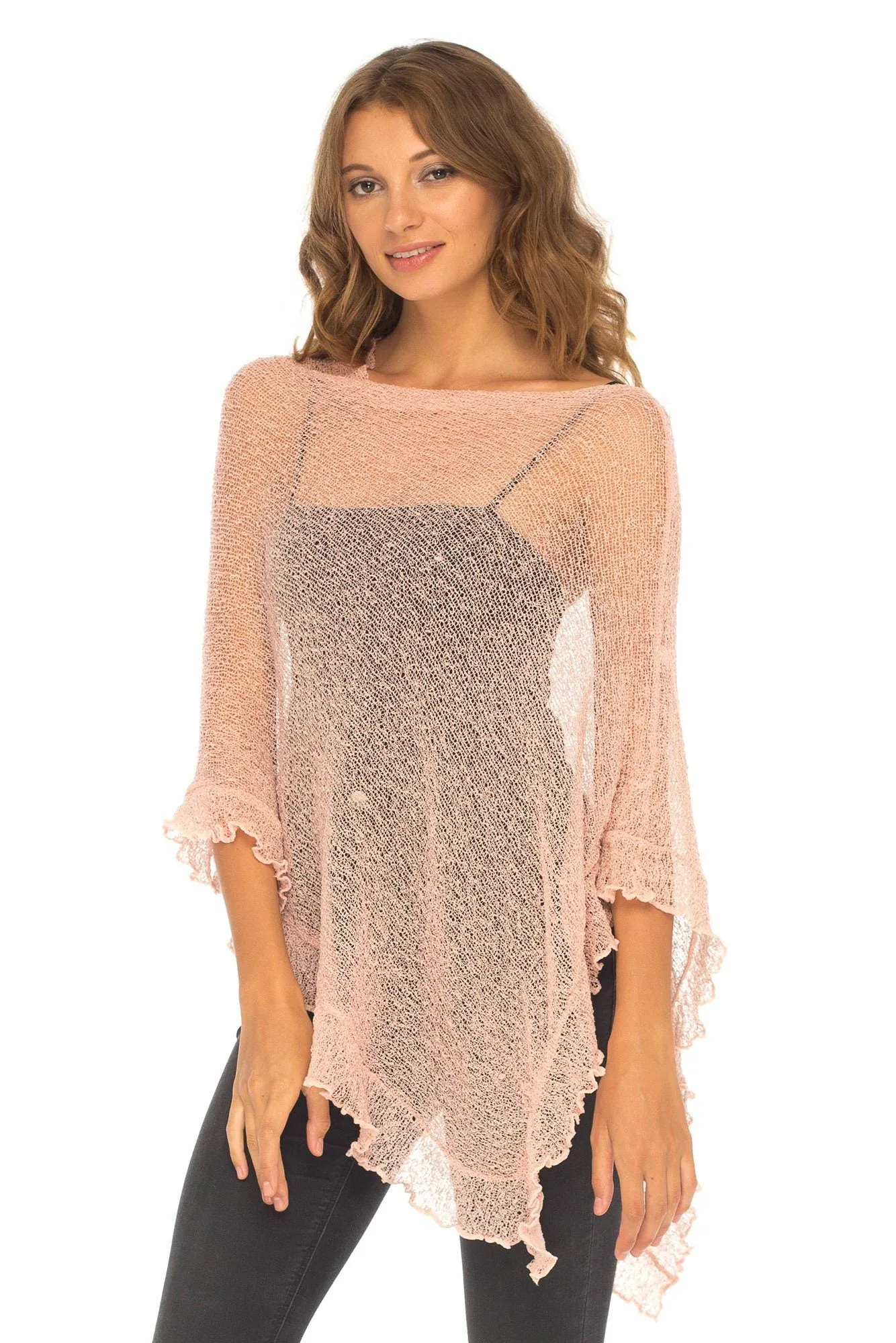 SHU-SHI Womens Sheer Poncho Shrug Lightweight Knit Ruffle Pullover Sweater Top