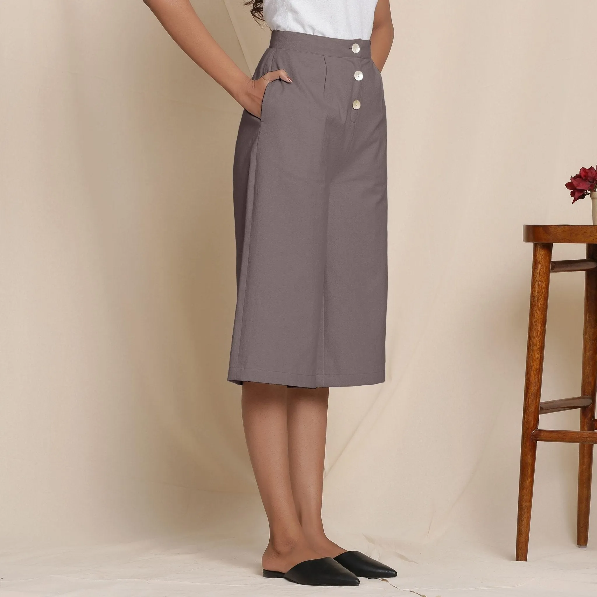 Solid Ash Grey Warm Cotton Flannel High-Rise Culottes