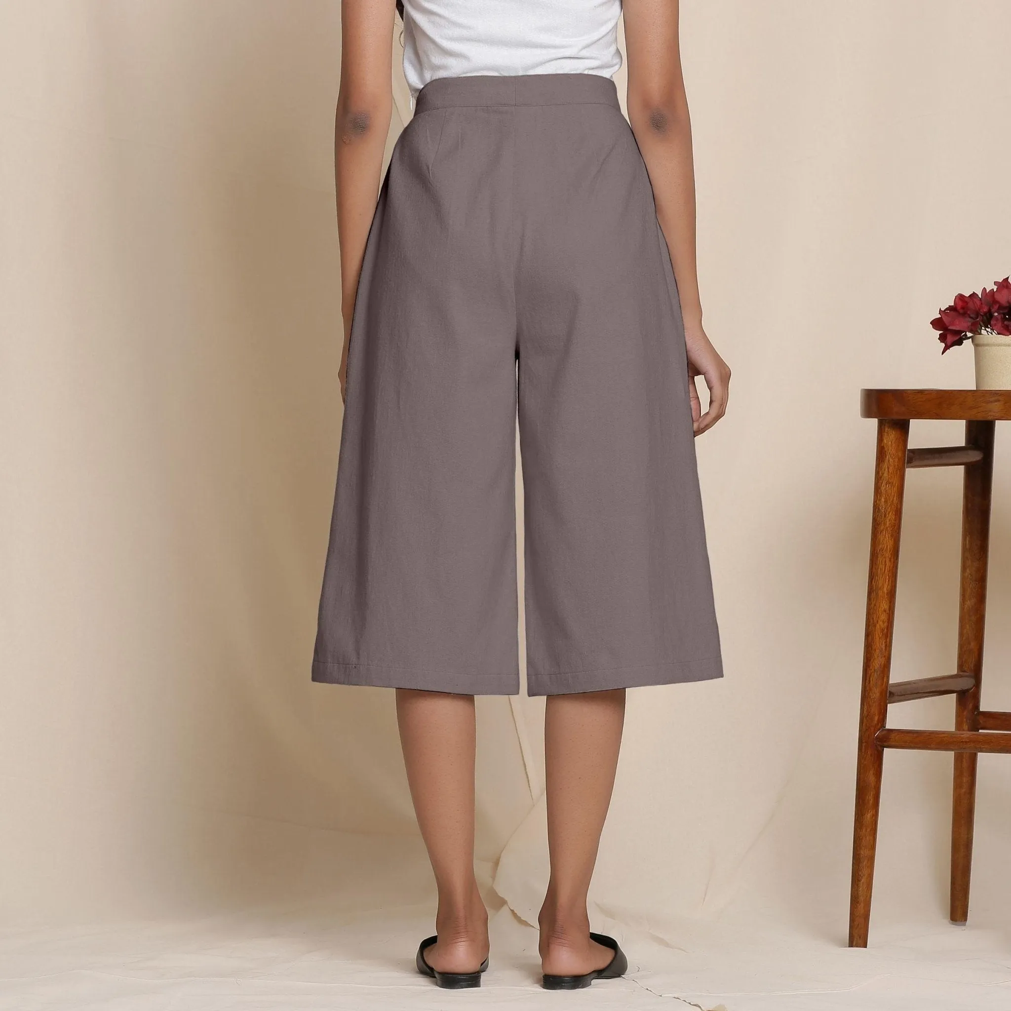 Solid Ash Grey Warm Cotton Flannel High-Rise Culottes