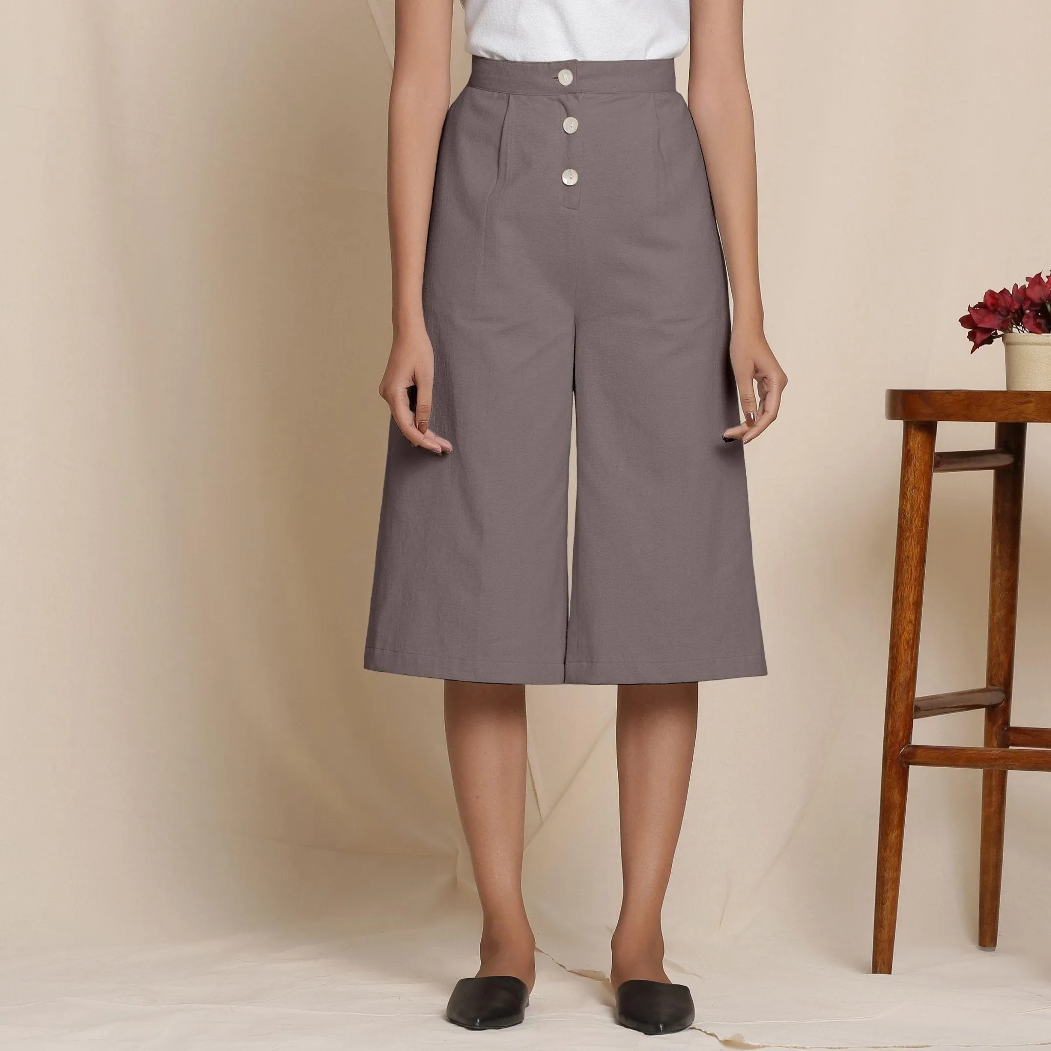 Solid Ash Grey Warm Cotton Flannel High-Rise Culottes